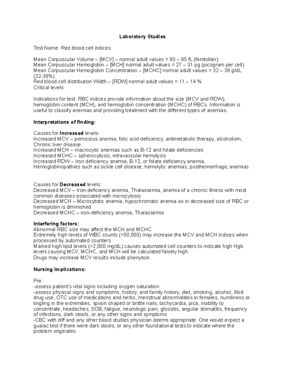 Lab Studies RBC indices - Laboratory Studies Test Name: Red blood cell ...