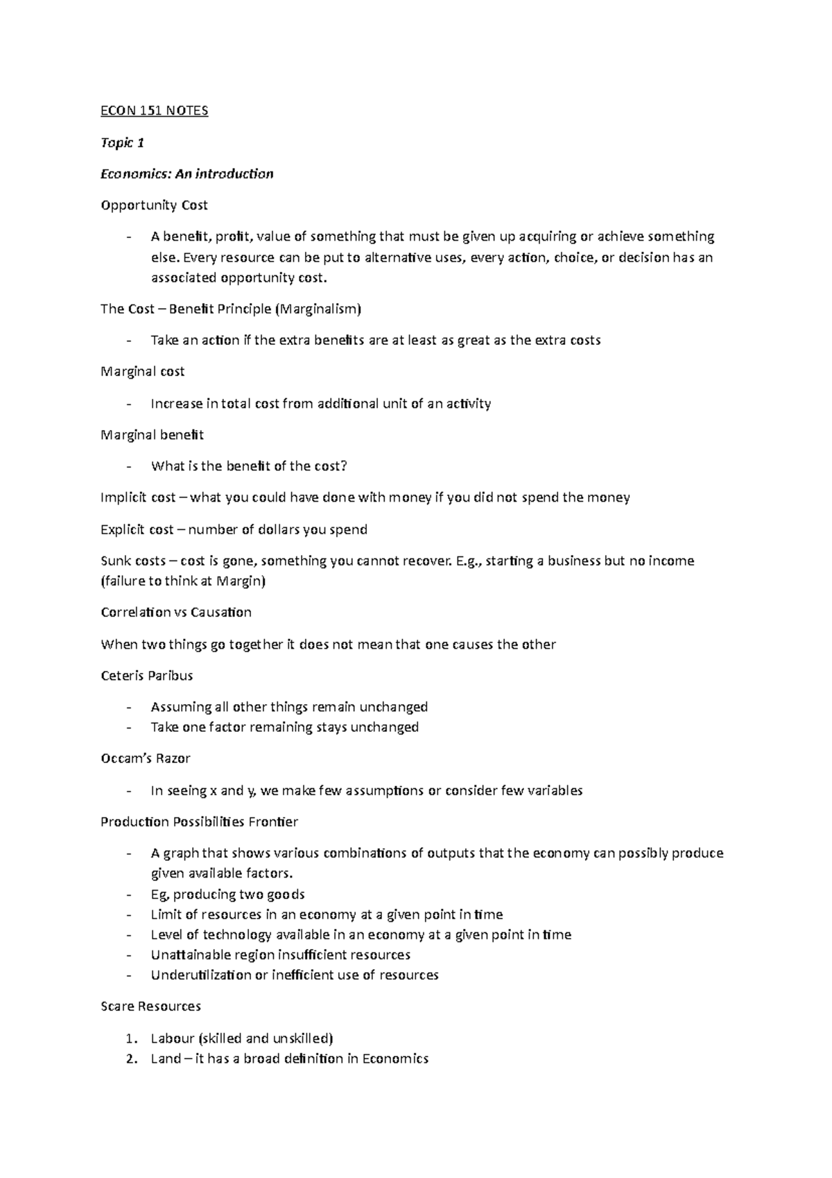 Study Notes - ECON 151 NOTES Topic 1 Economics: An introduction ...