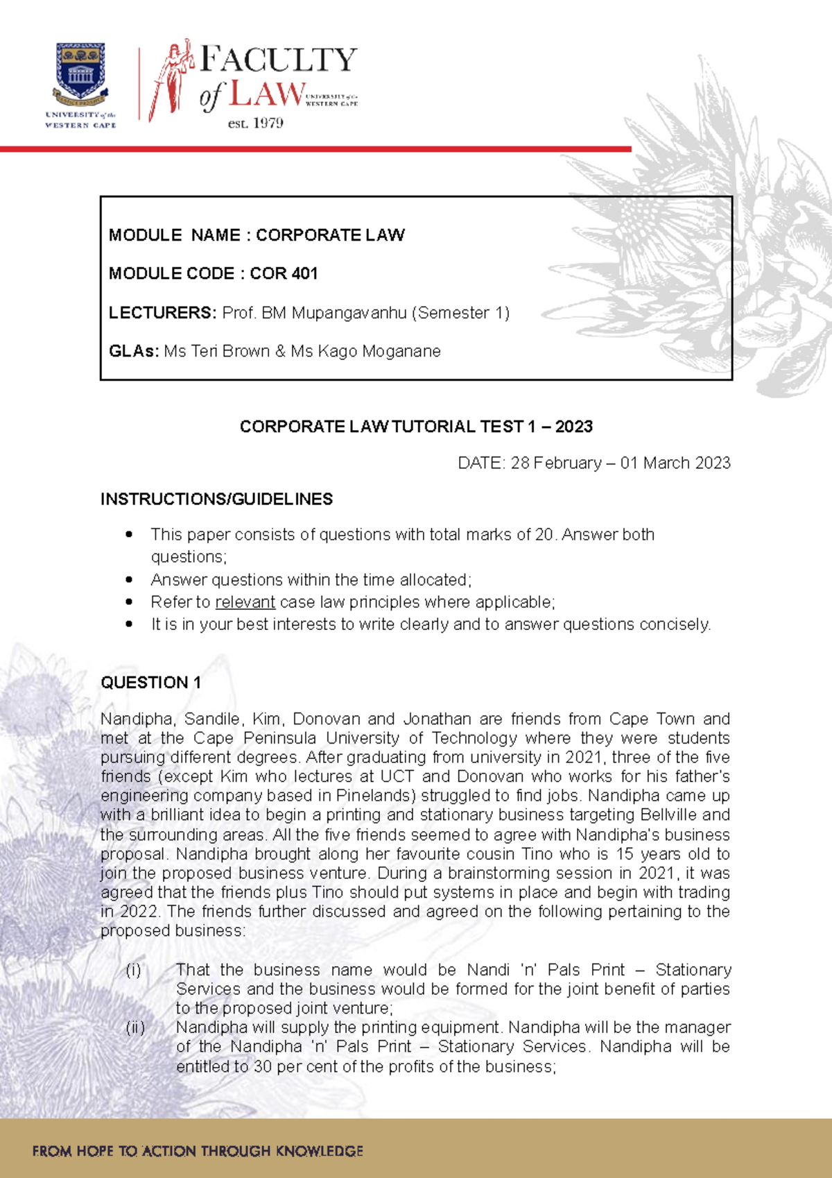Tutorial TEST 1 COR 401 2023 - MODULE NAME : CORPORATE LAW MODULE CODE ...