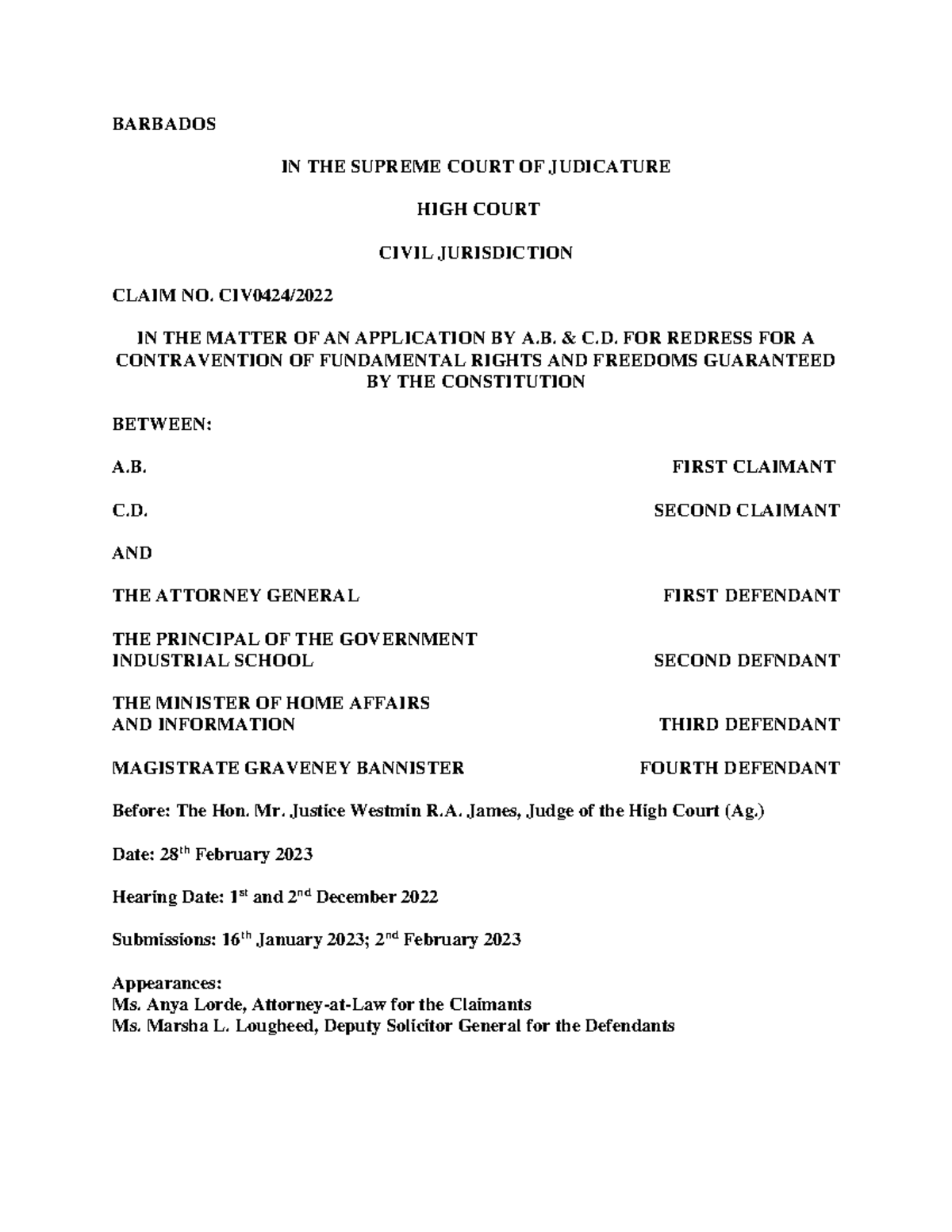 AB v AG of Barbados 2023 Rule of law BARBADOS IN THE SUPREME COURT