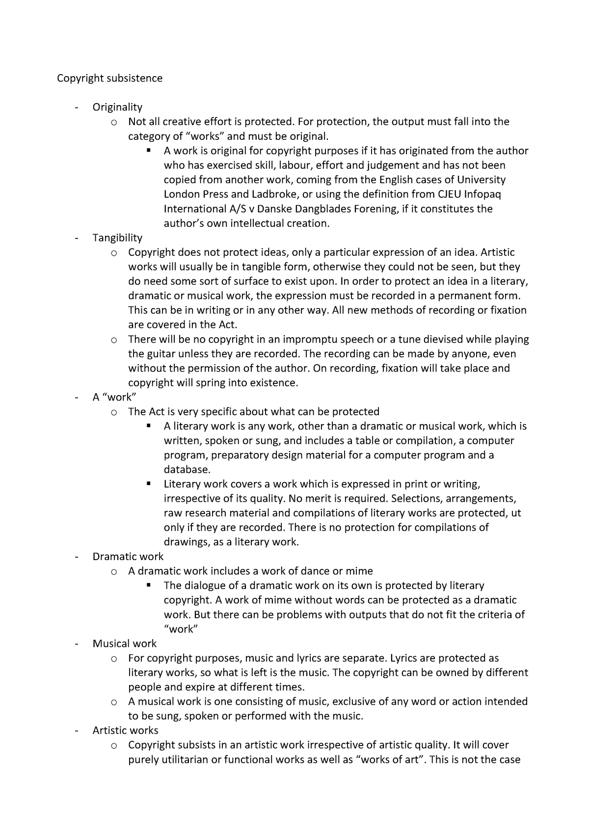 1- Copyright subsistence - Copyright subsistence Originality o Not all ...