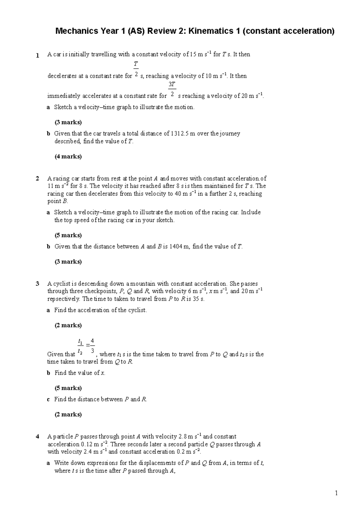 Year 1 Mechanics review 2 - Mechanics Year 1 (AS) Review 2: Kinematics ...