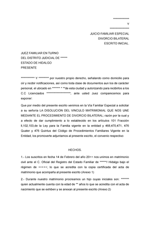 Escrito Inicial Divorcio Bilateral Hidalgo - ************** Y  ***************** JUICIO FAMILIAR - Studocu