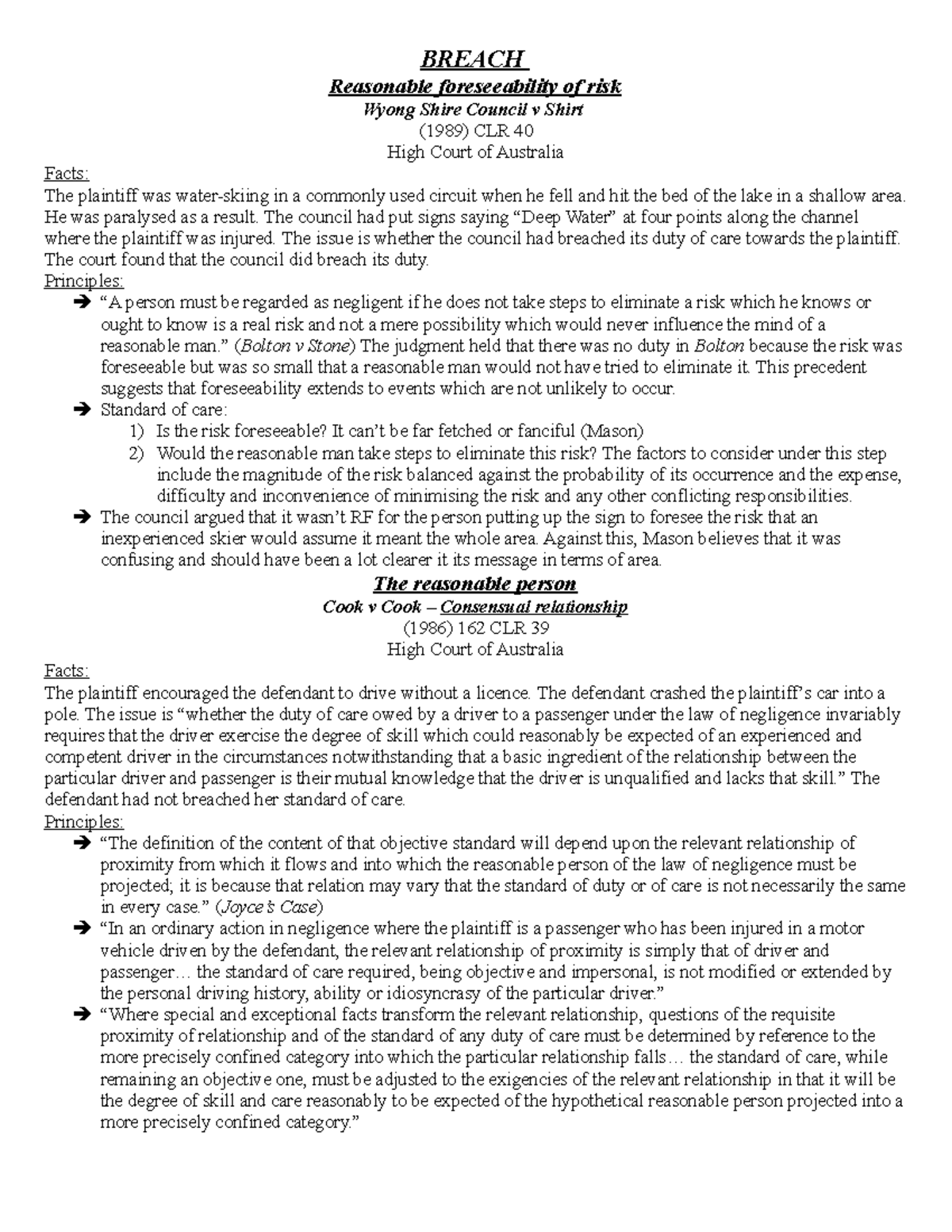 Torts Notes For Exam BREACH Reasonable foreseeability of risk Wyong Shire Council v Shirt