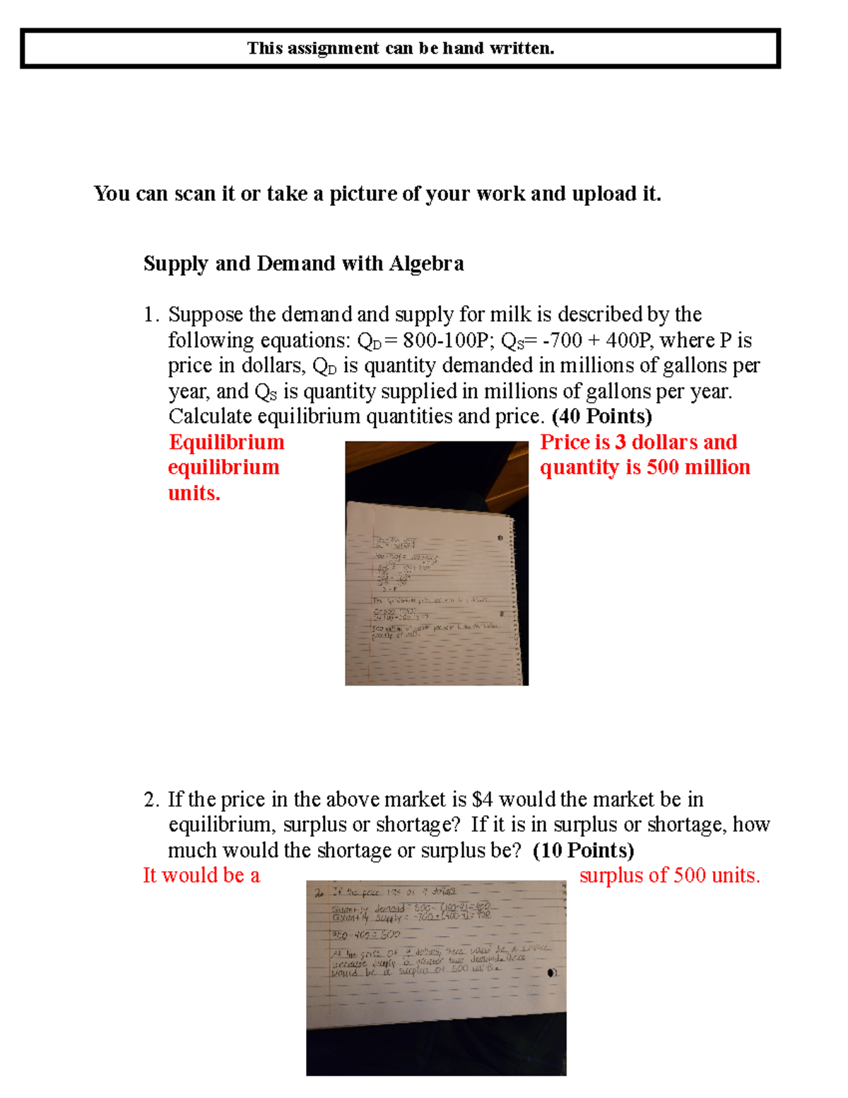 M2 Problem Set Supply and Demand Algebra - You can scan it or take a ...