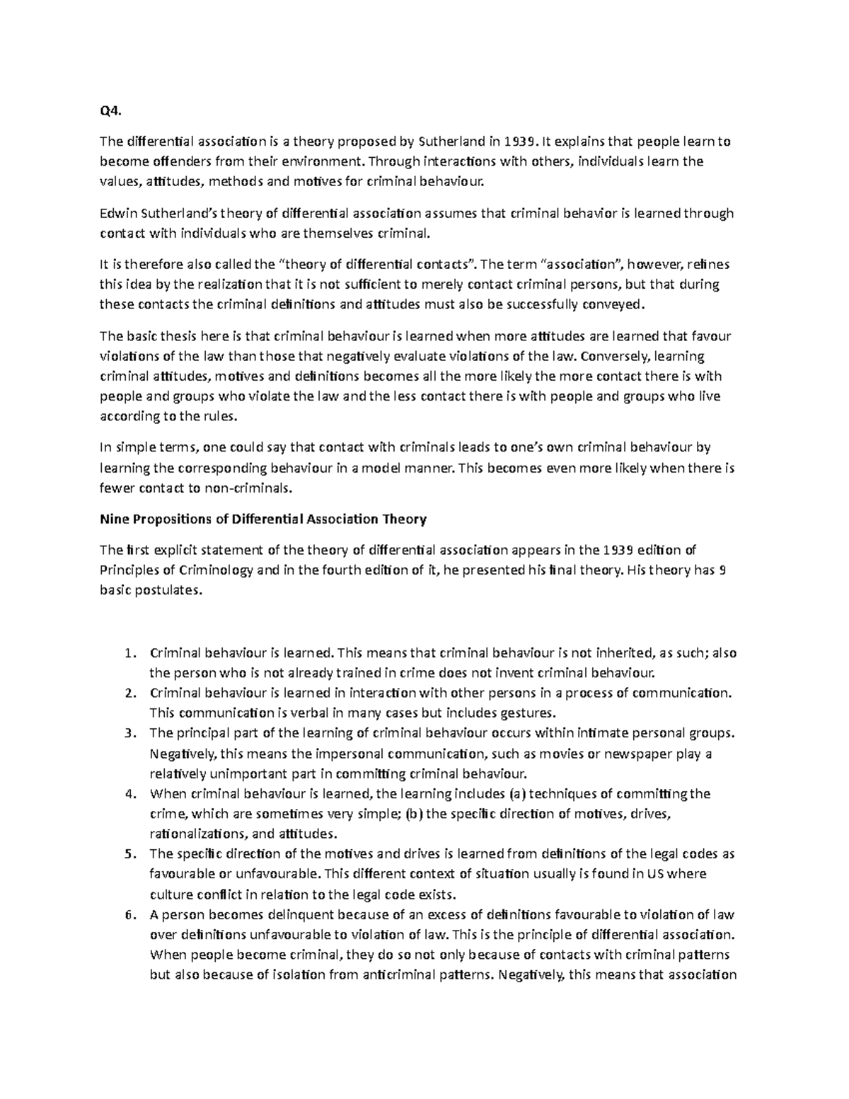 Q4 - Lecture notes 1-10 - Q4. The differential association is a theory ...
