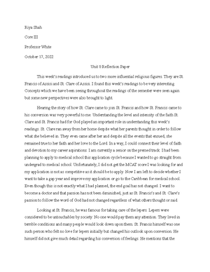 Unit 5 Reflection Paper - Riya Shah Core III Professor White September ...