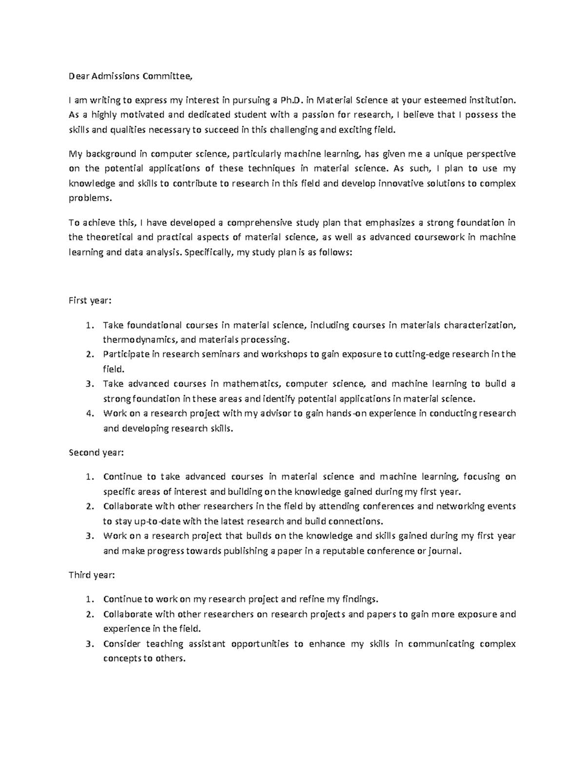 Plan - Plan of Study - Dear Admissions Committee, I am writing to ...