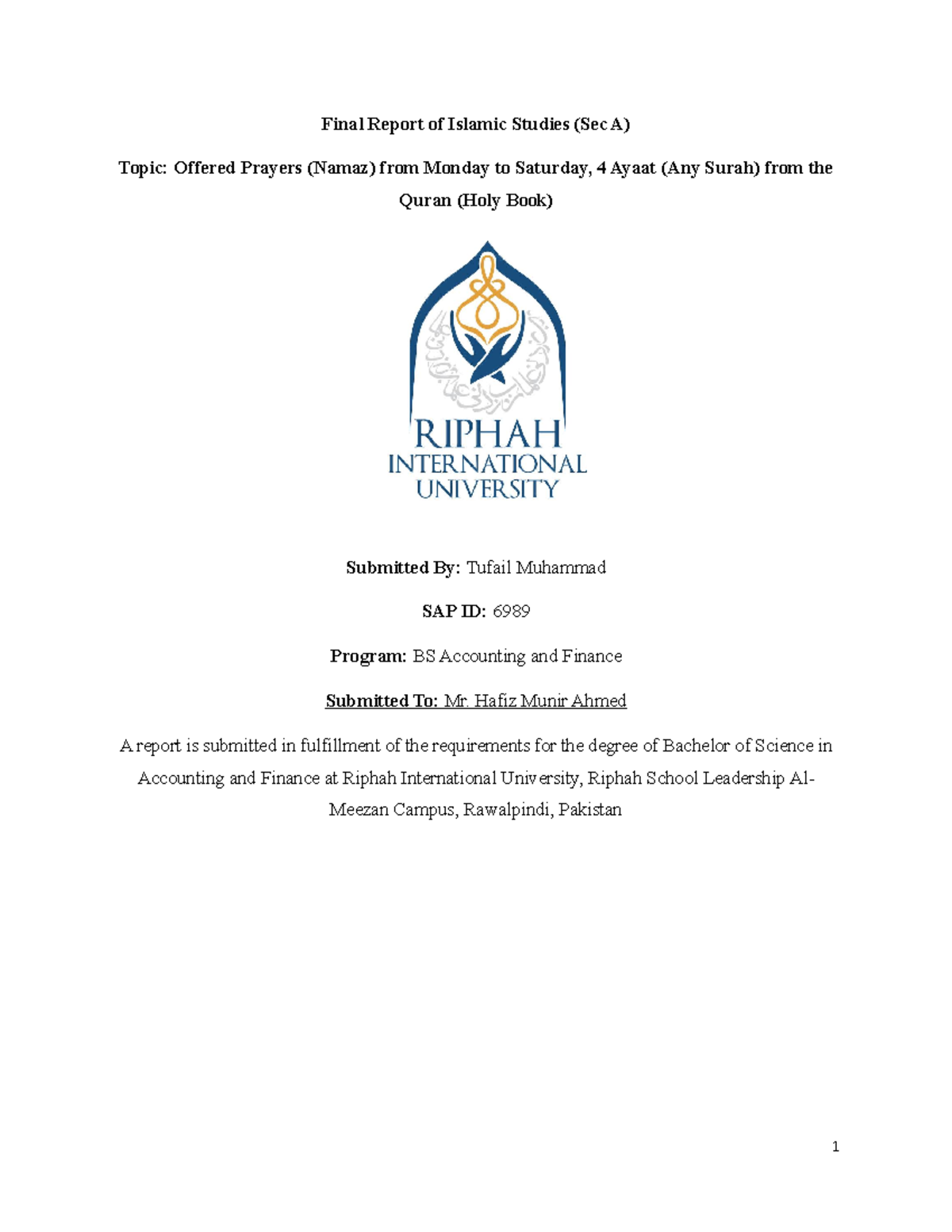 Islamic Studies Final Report. Tufail. 6989 - Final Report of Islamic ...