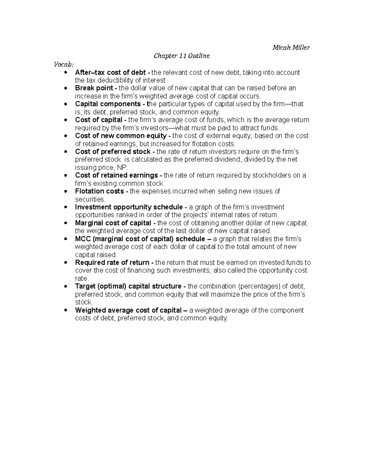 Chapter 11 outline - Summary Cfin 5 - Cfin 5 - Micah Miller Chapter 11 ...
