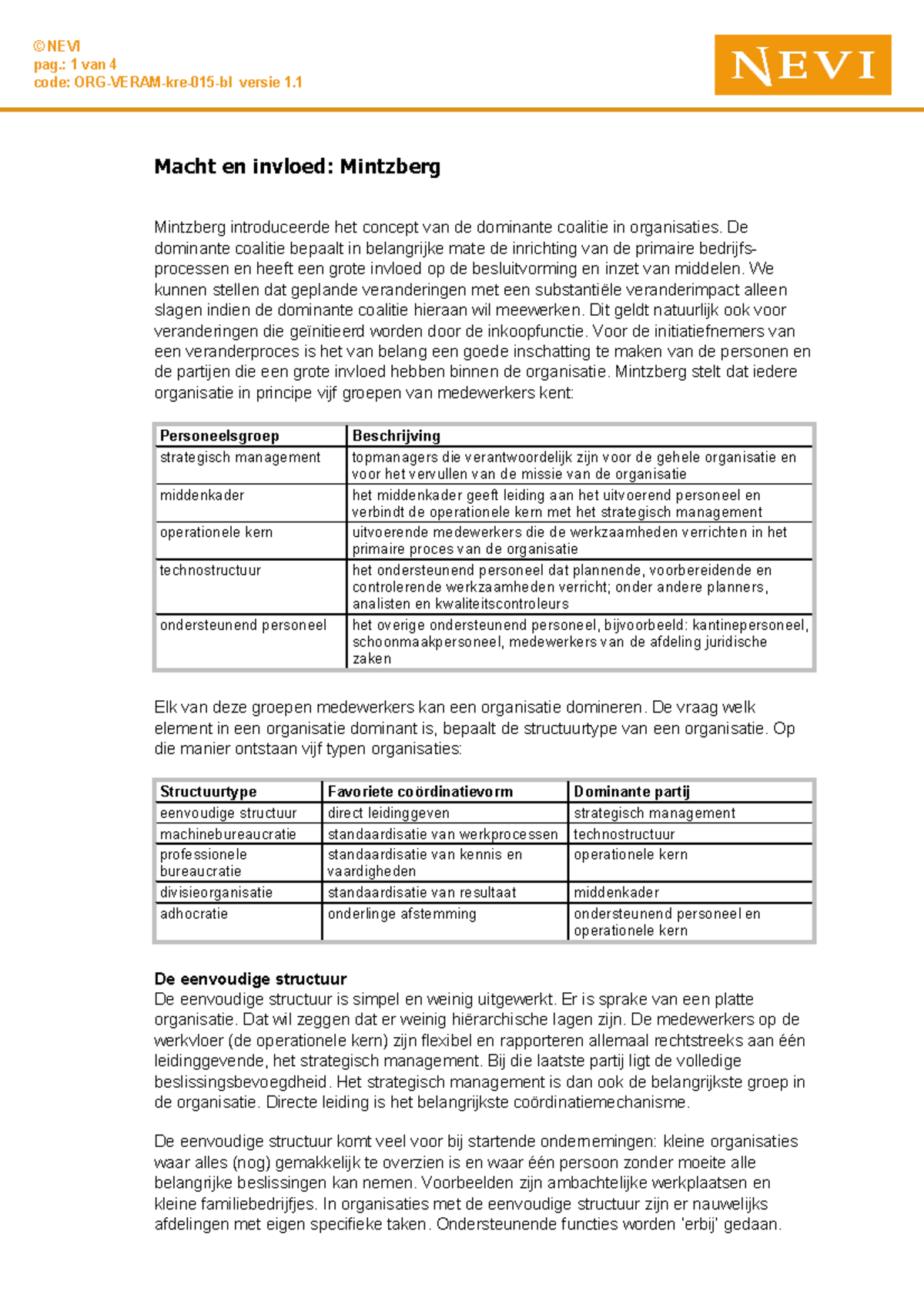 Mintzberg Samenvatting - Pag.: 1 Van 4 Code: ORG-VERAM-kre-015-bl ...