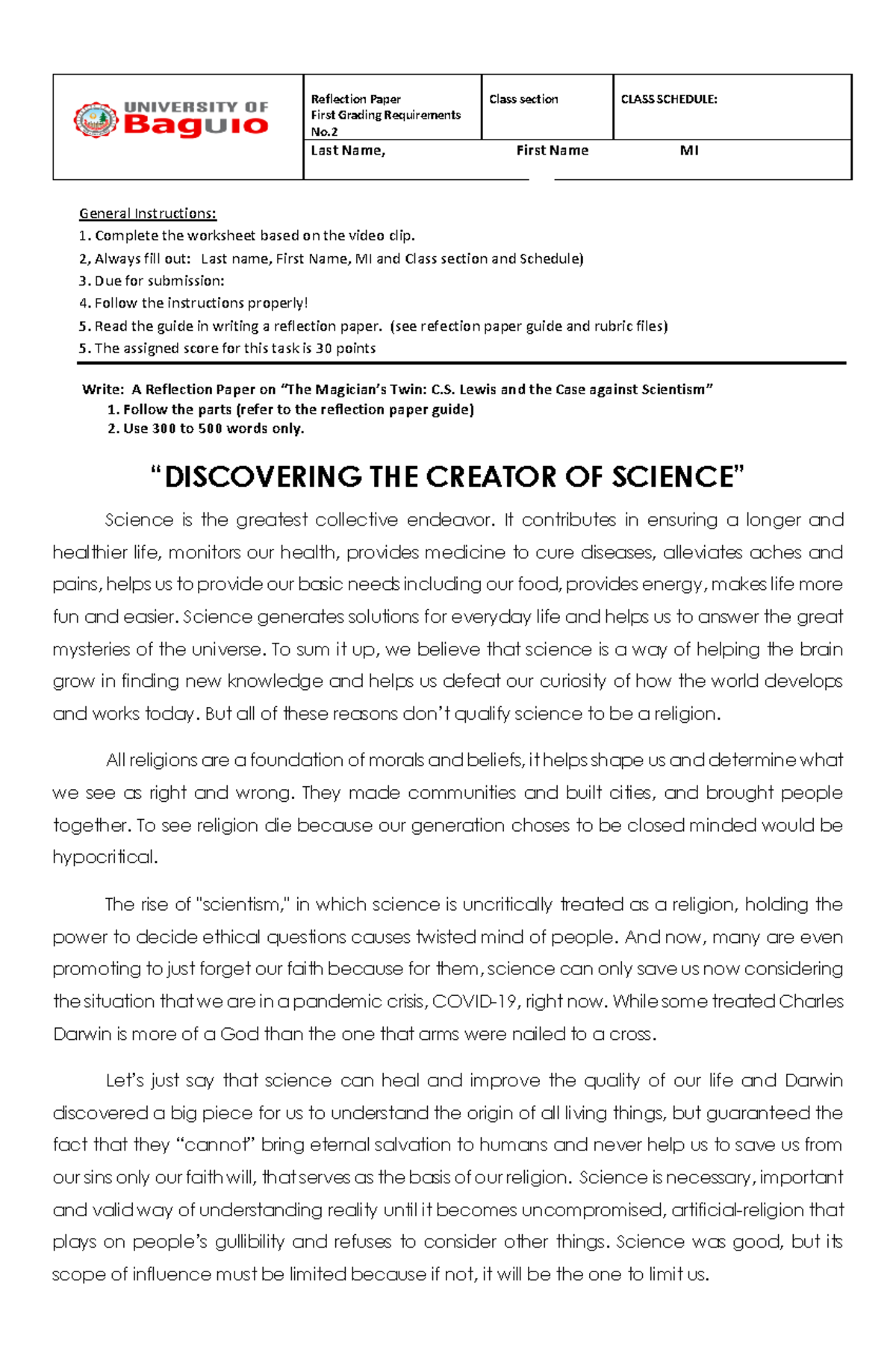 Discovering THE Creator OF Science Scites 1 - Reflection Paper First ...