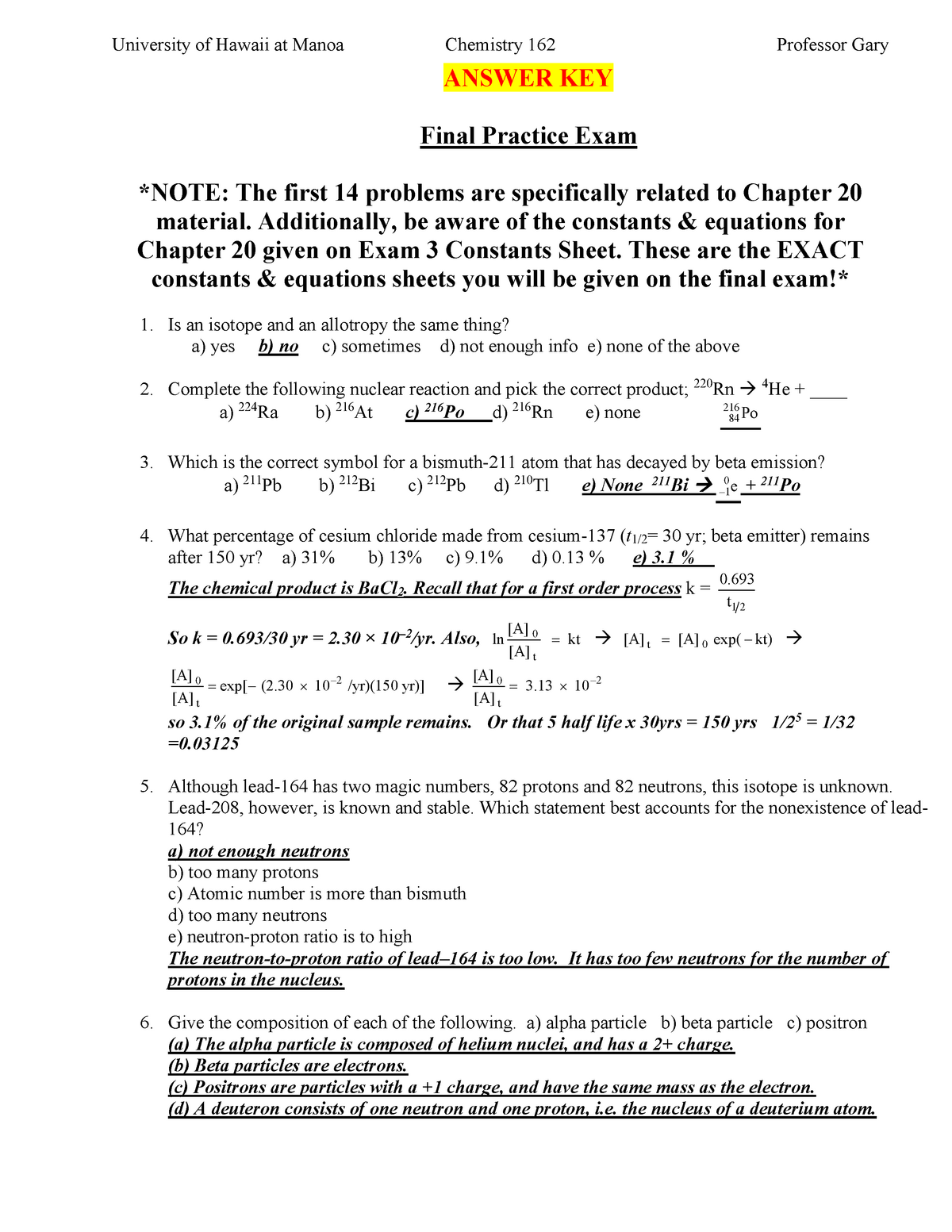 Chemistry Final Exam Answer Key - Https Www Chem Tamu Edu Rgroup Wooley ...