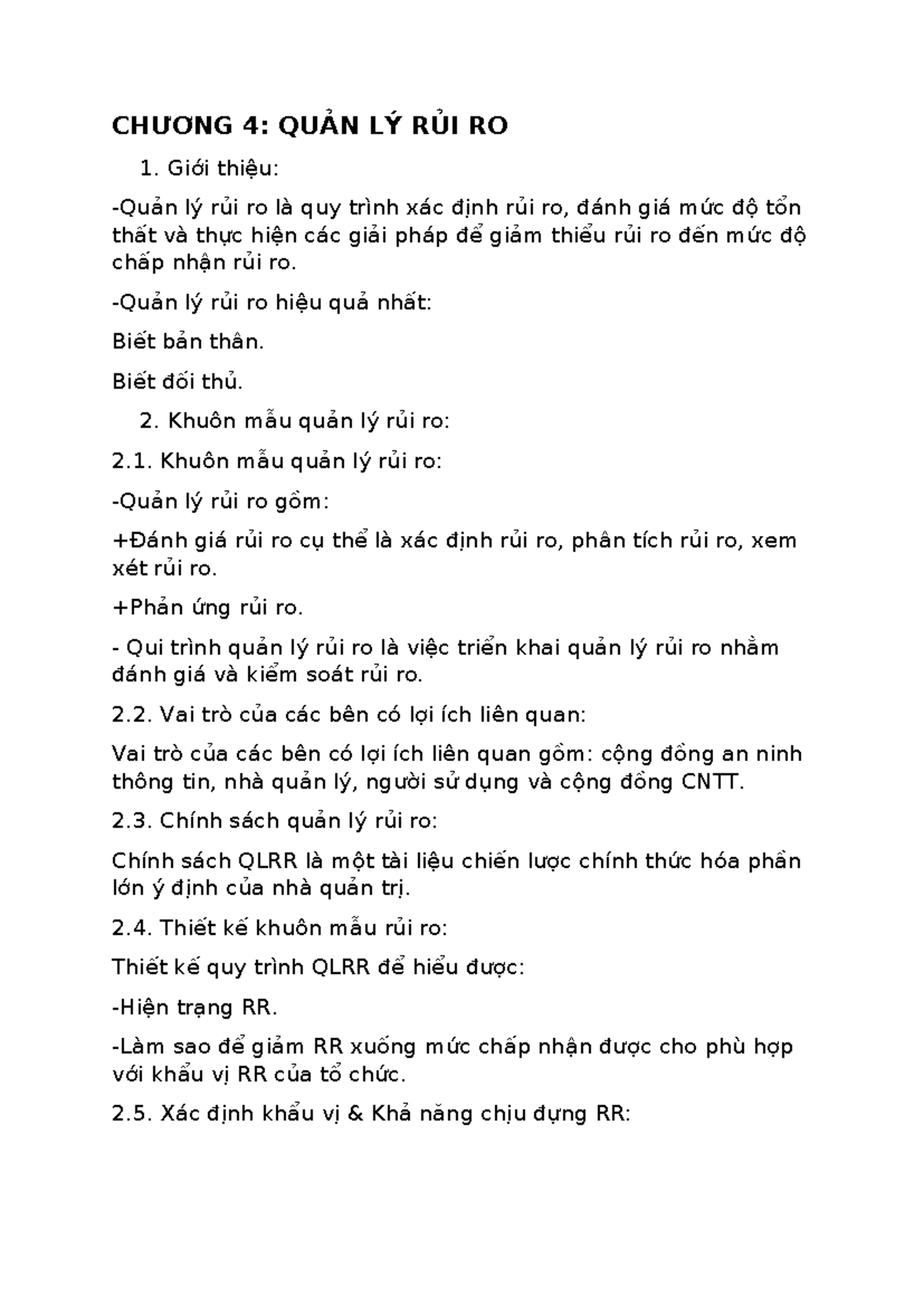 CHƯƠNG 4 hihug CHƯƠNG 4 QUẢN LÝ RỦI RO Giới thiệu Quản lý rủi ro