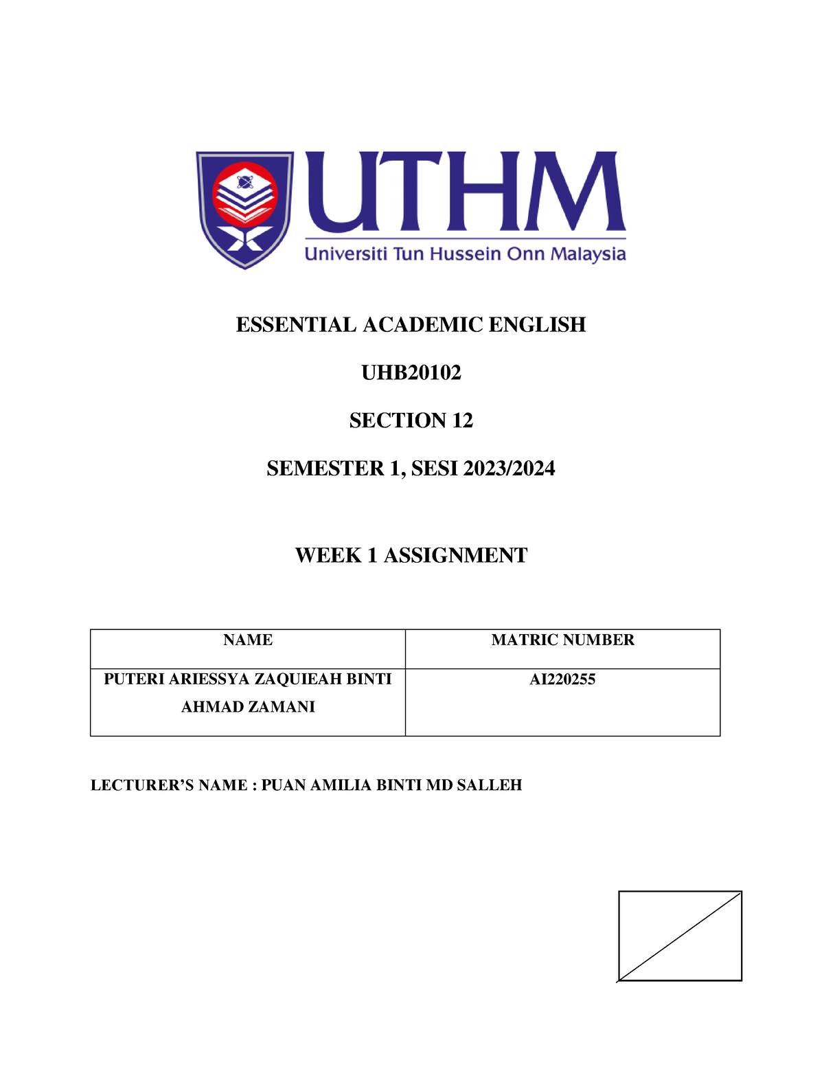 Week1assignment - Assignment Lab - ESSENTIAL ACADEMIC ENGLISH UHB ...