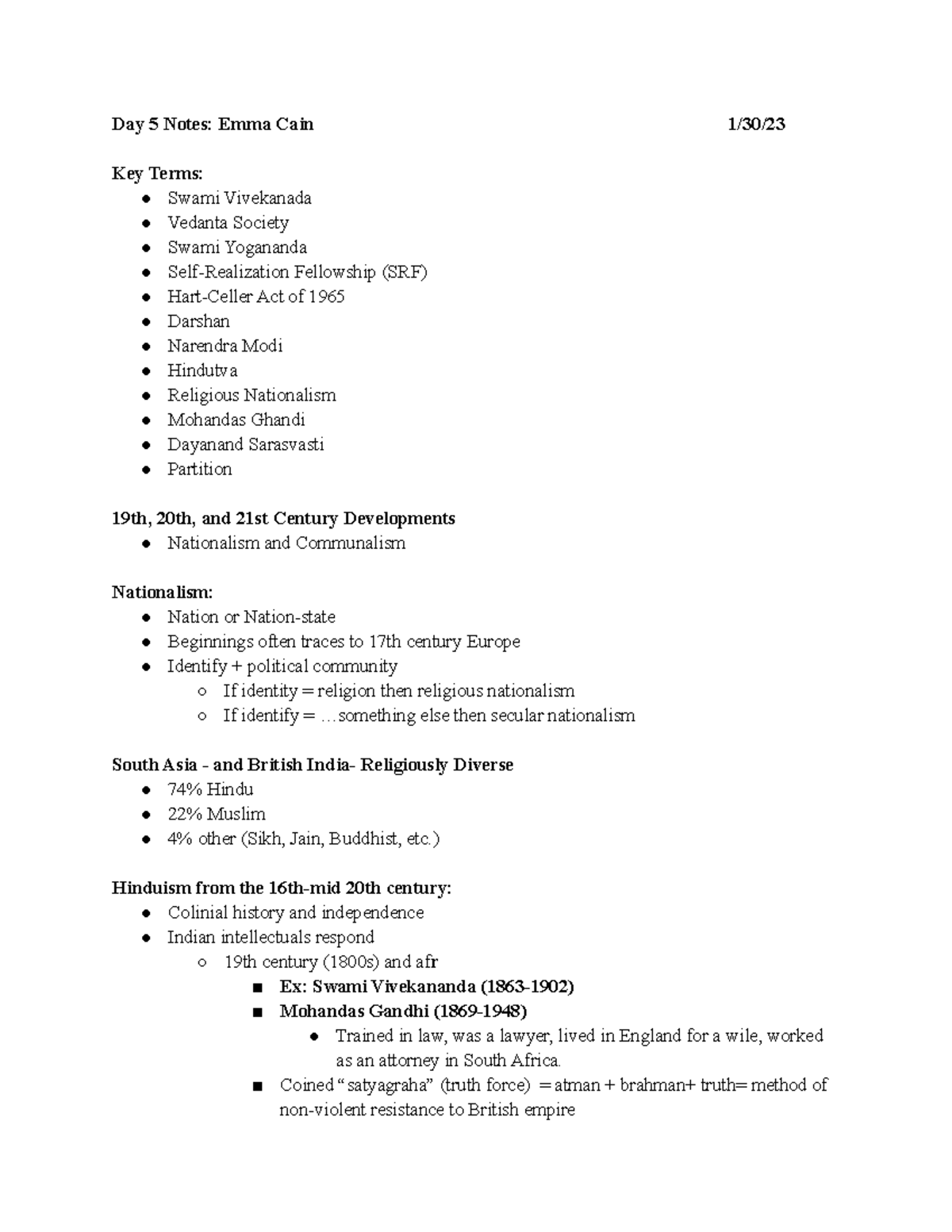 Day 5 Class Notes - Day 5 Notes: Emma Cain 1/30/ Key Terms: Swami ...