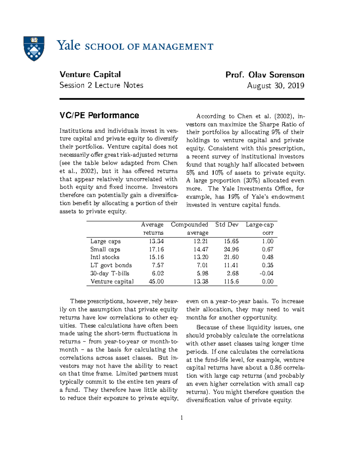 Session 2 Lecture Notes - Venture Capital Session 2 Lecture Notes Prof ...