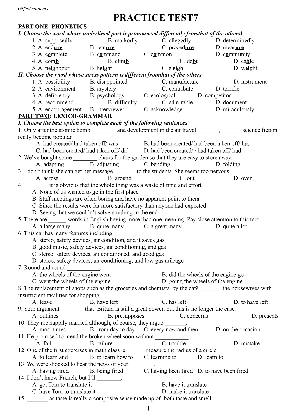 Hsg Practice TEST 7 - PRACTICE TEST PART ONE: PHONETICS I. Choose The ...