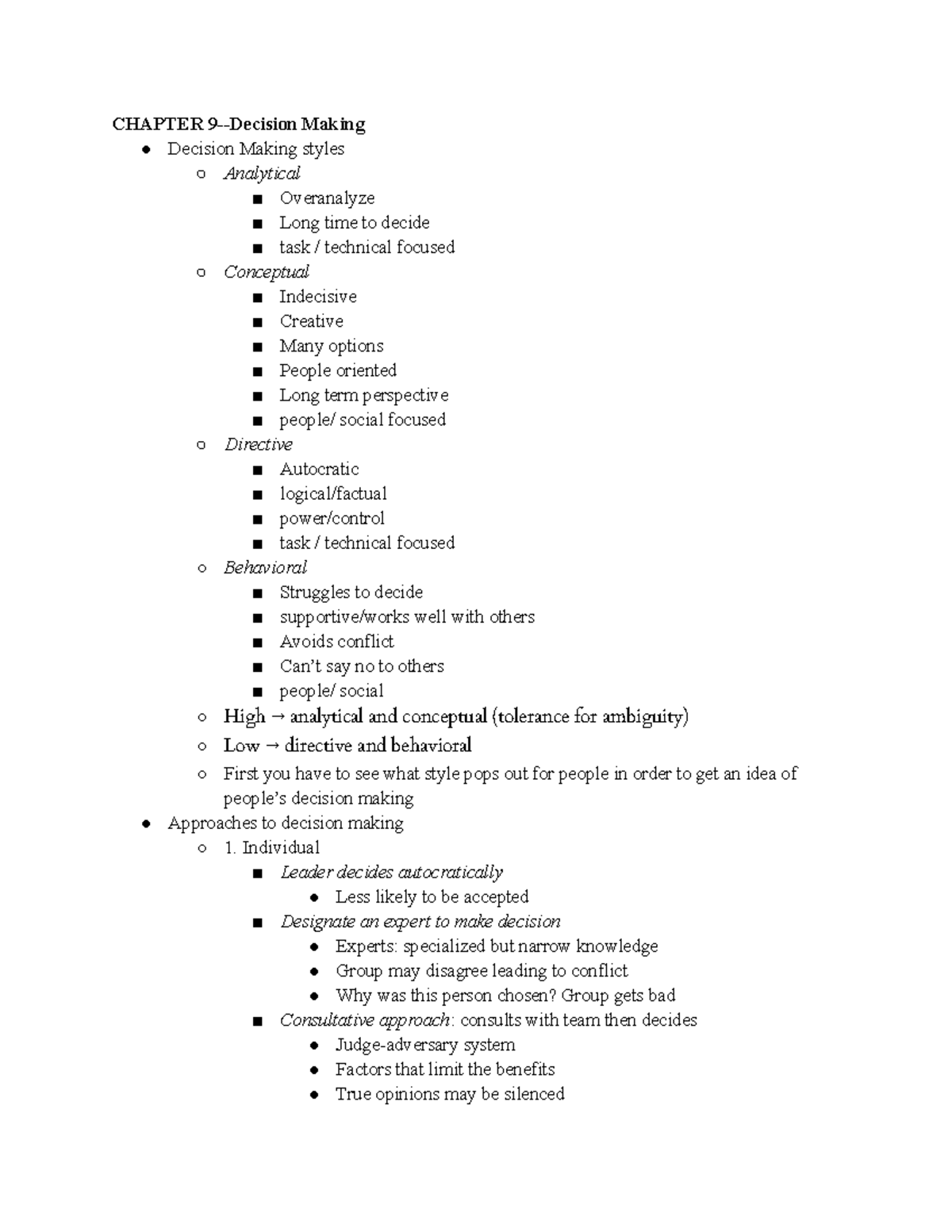 In Class Notes 2 - CHAPTER 9-Decision Making Decision Making styles ...