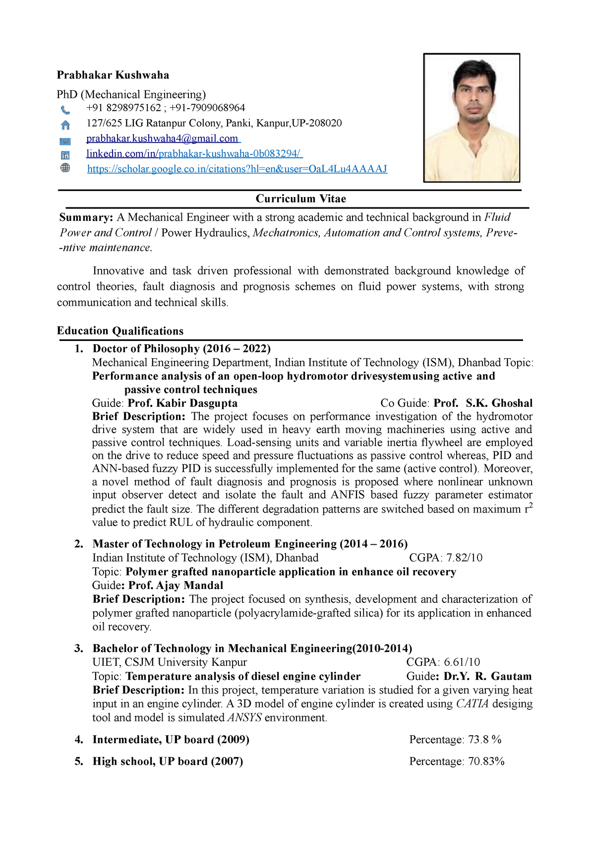 CV Prabhakar Kushwaha - New - Prabhakar Kushwaha PhD (Mechanical ...