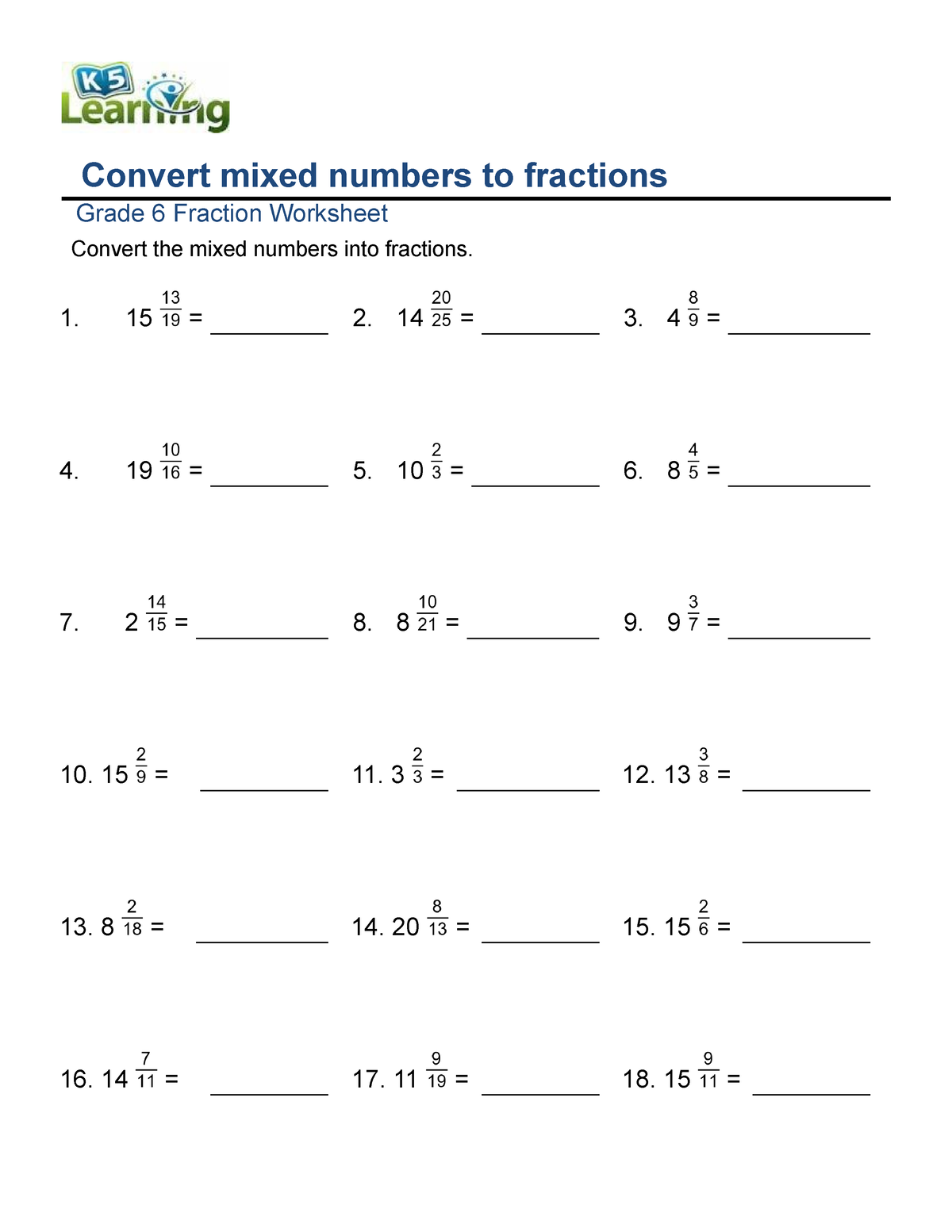 Document 9 - Practice - Convert mixed numbers to fractions Grade 6 ...