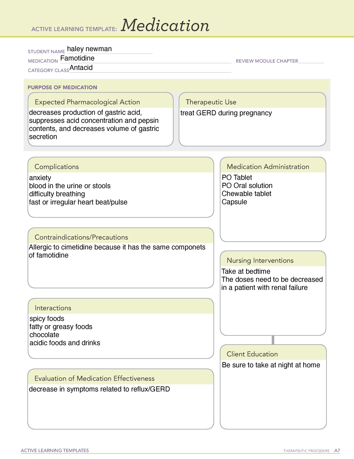 Famotidine Med Template ATI ACTIVE LEARNING TEMPLATES THERAPEUTIC