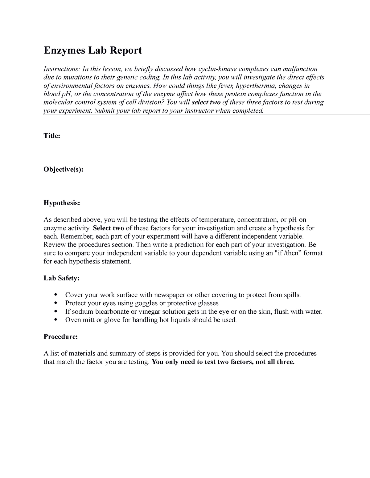 04 06 enzymes lab report Enzymes Lab Report Instructions In this