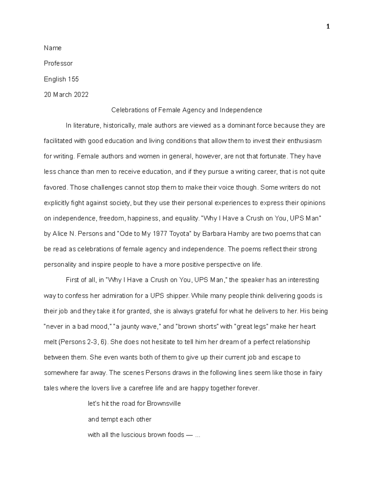 Eng155essay 1 Essay 1. Topic How “Why I Have a Crush on You, UPS Man” by Alice N. Persons