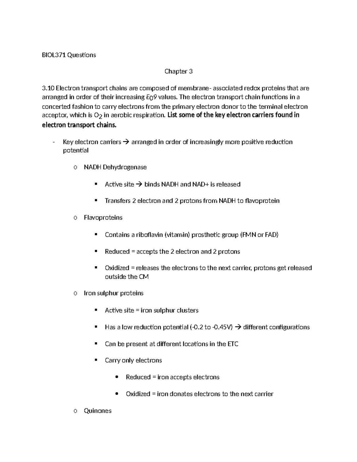 Ch3 5 Qs practice questions BIOL371 Questions Chapter 3 3 Electron