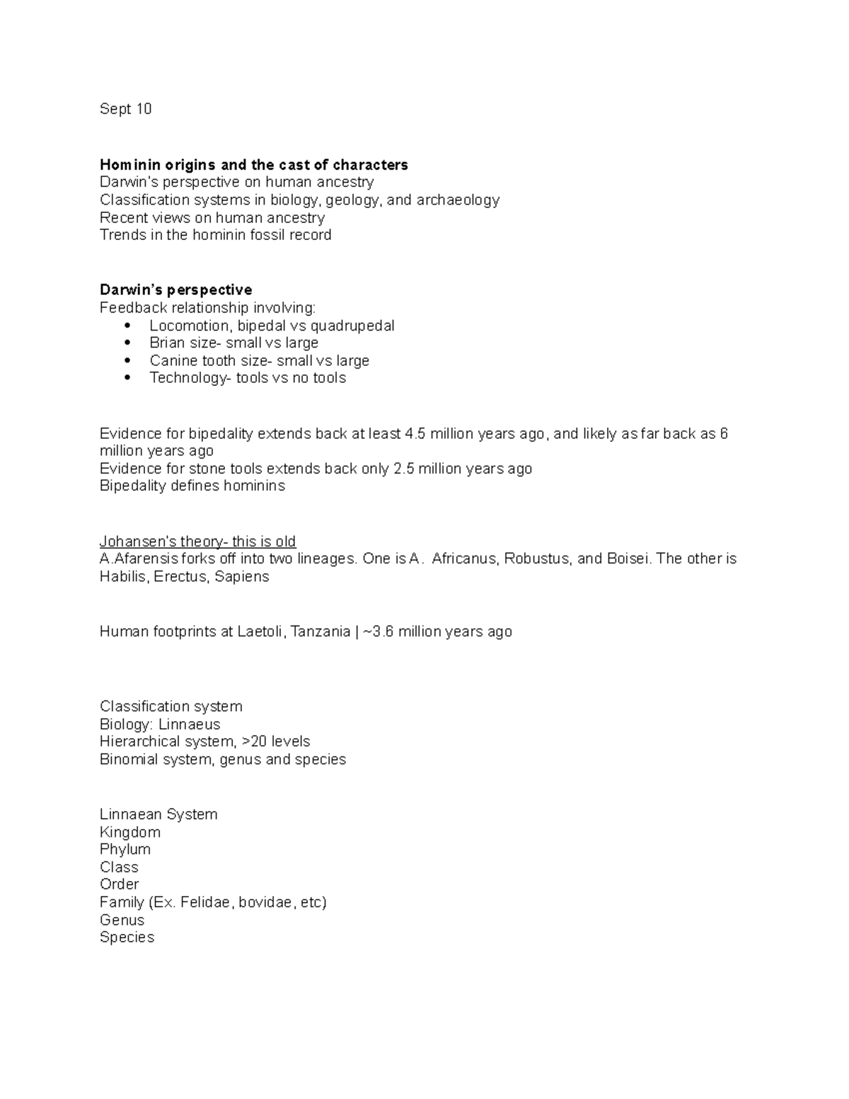 Anthro 321 - Lecture notes 1 - Sept 10 Hominin origins and the cast of ...