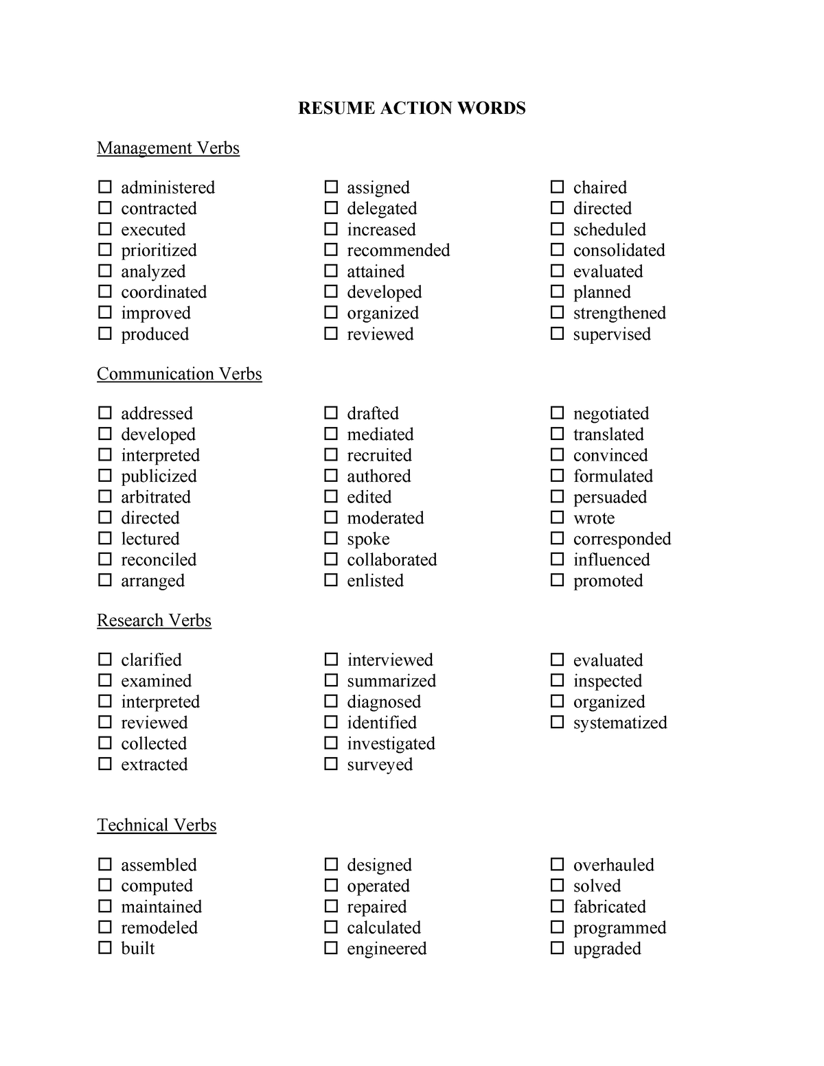 Action Words Examples RESUME ACTION WORDS Management Verbs 