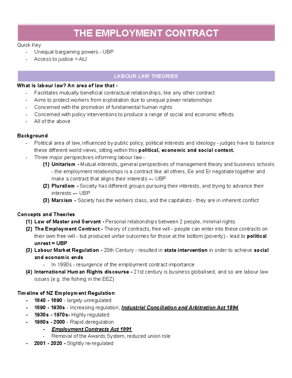 Labour Law Notes (Not including final topic) - THE EMPLOYMENT CONTRACT ...