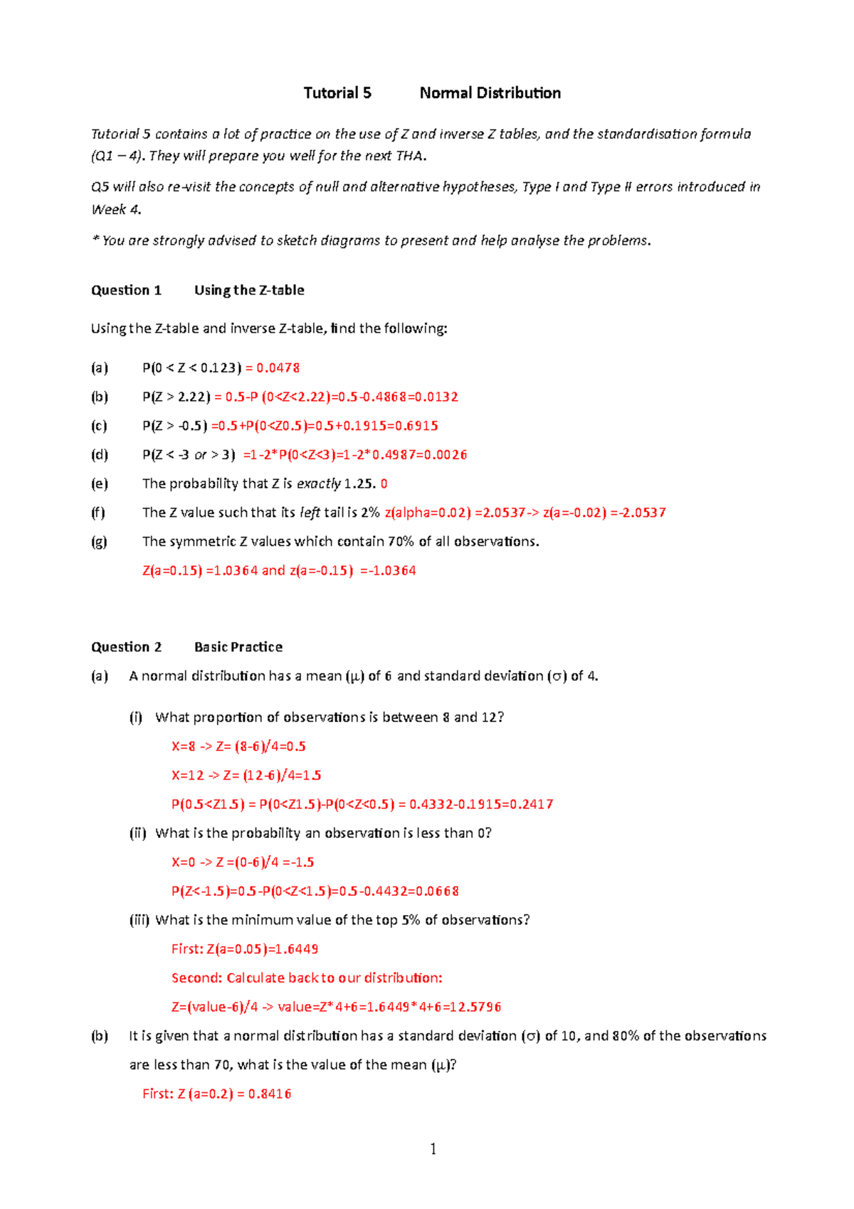 Tute 5 Normal Distribution - Tutorial 5 Normal Distribution Tutorial 5 ...