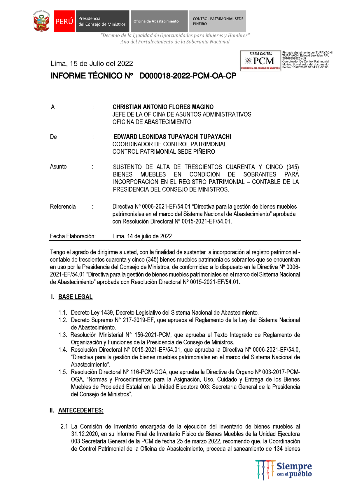 Informe TÉ Cnico-000018-2022-OA-CP - PERÚ Del Consejo De Ministros ...