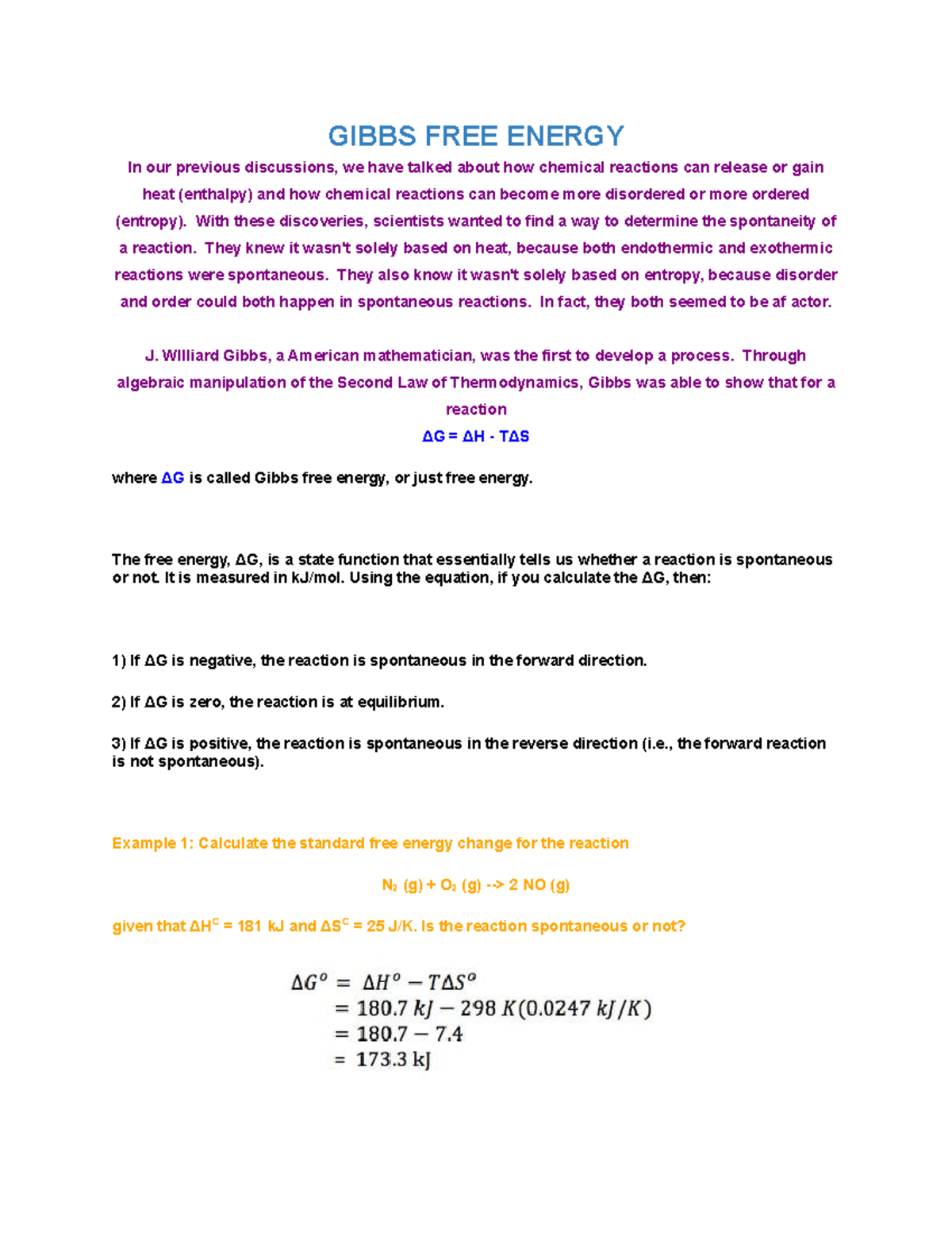 Gibbs energy - Instructor given general chemistry II lecture notes ...