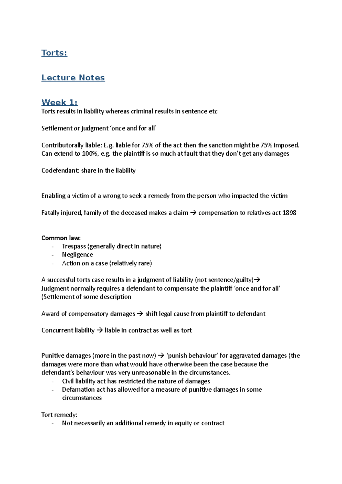 Torts Lecture Notes Torts Lecture Notes Week 1 Torts Results In Liability Whereas Criminal Torts Lecture Notes Torts Lecture Notes Week 1 Torts Results In Liability Whereas Criminal