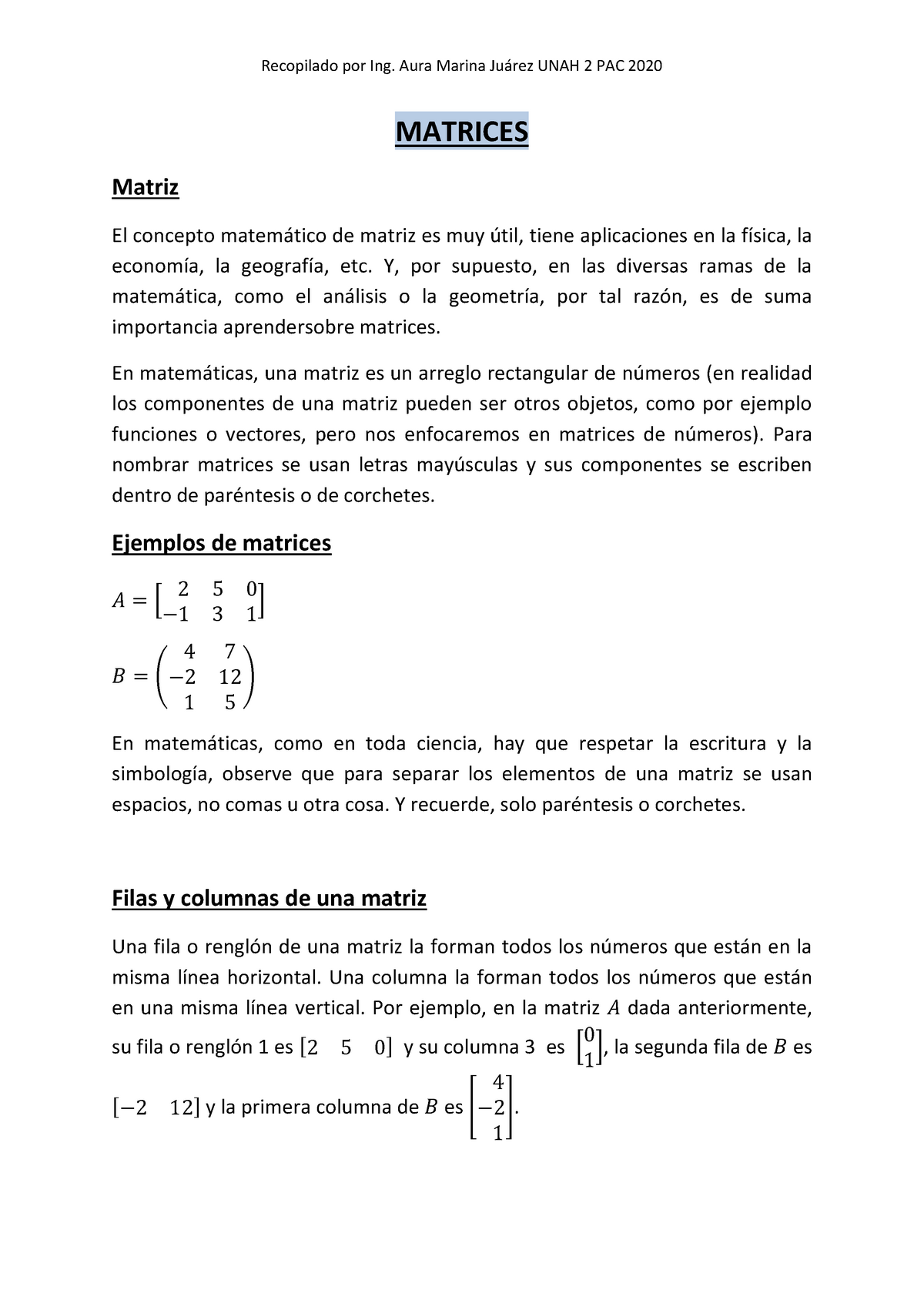 1 Matrices Introducción Y Conceptos Básicos Para Compresión