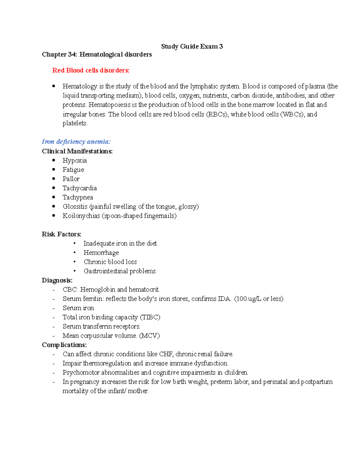 Study Guide Exam 3 - Blood is composed of plasma (the liquid ...
