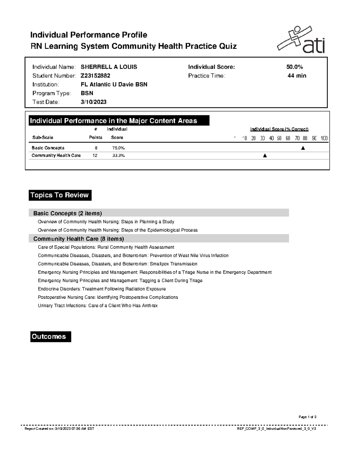 ATI Learning system 3.0 Communty Health Practice Quiz Individual