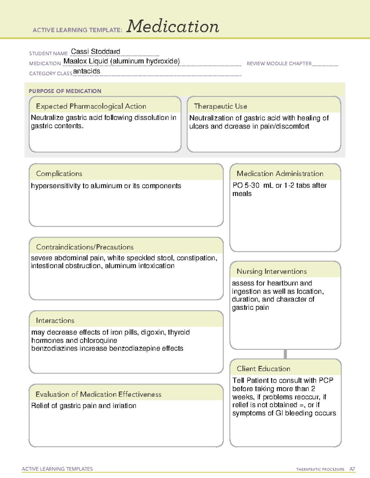 Maalox - ATI template - ACTIVE LEARNING TEMPLATES TherapeuTic procedure ...