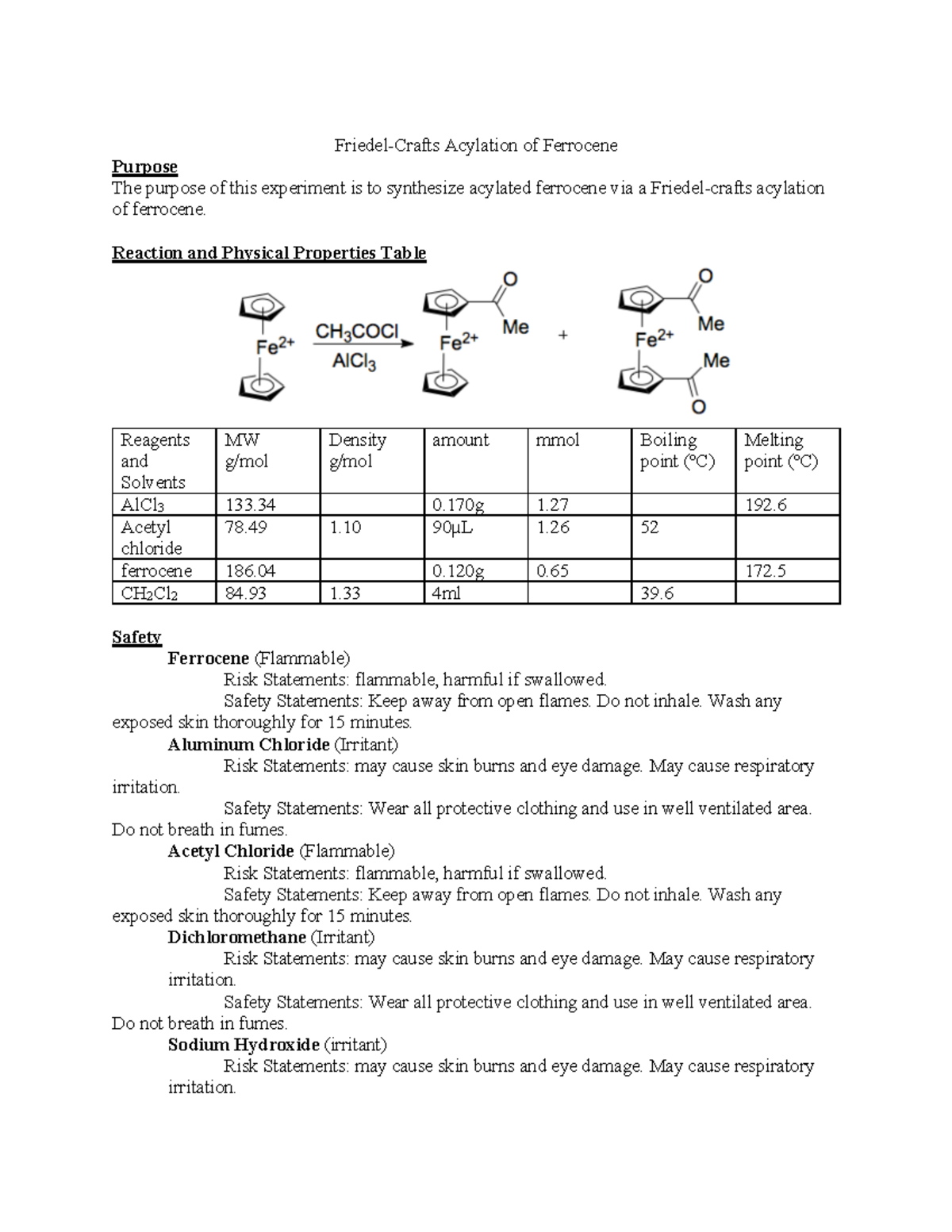 Experiment 5 Lab Report - Friedel-Crafts Acylation of Ferrocene Purpose ...