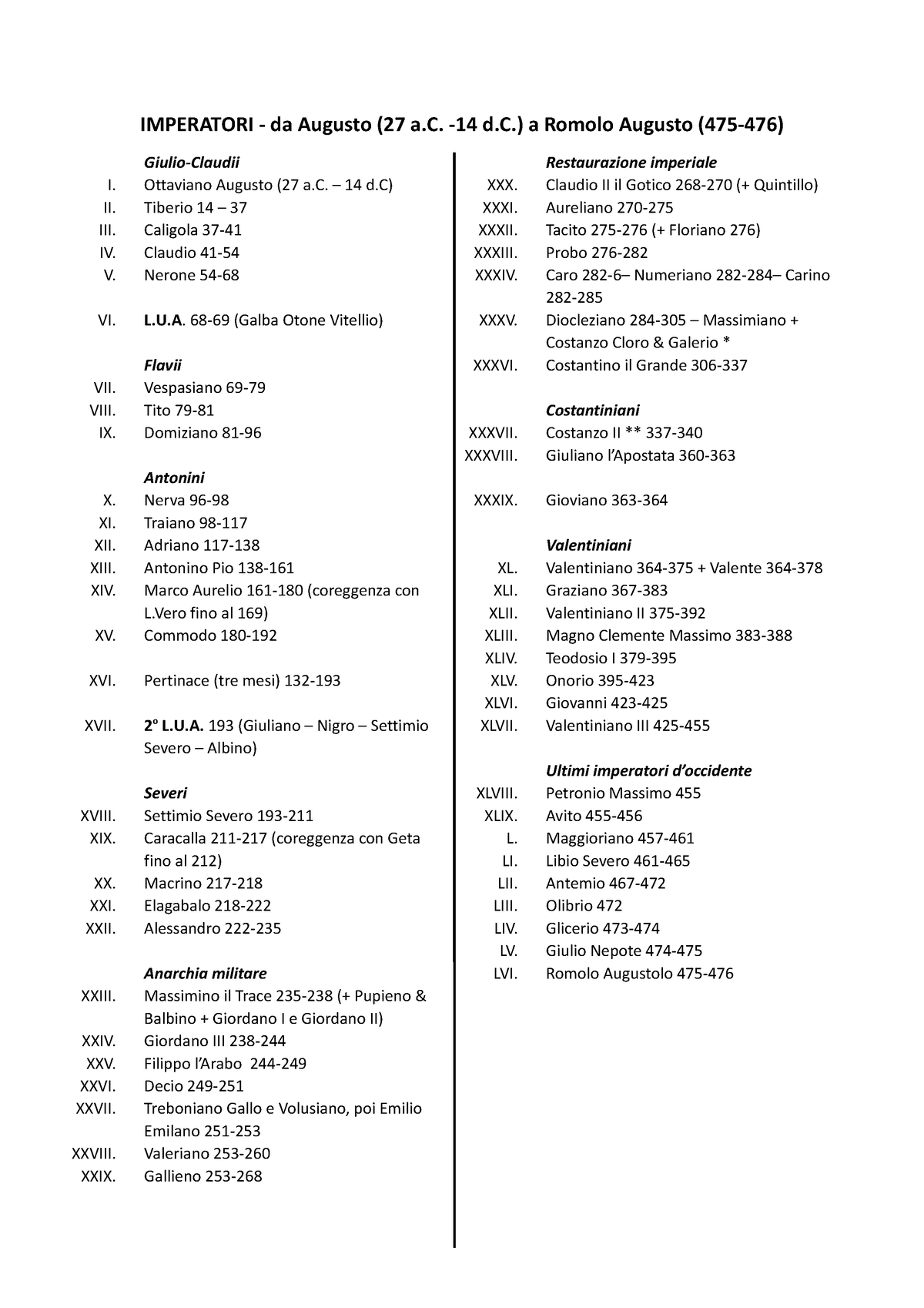 Schema cronologico imperatori - IMPERATORI - da Augusto (27 a. -14 d.) a  Romolo Augusto (475-476) - Studocu