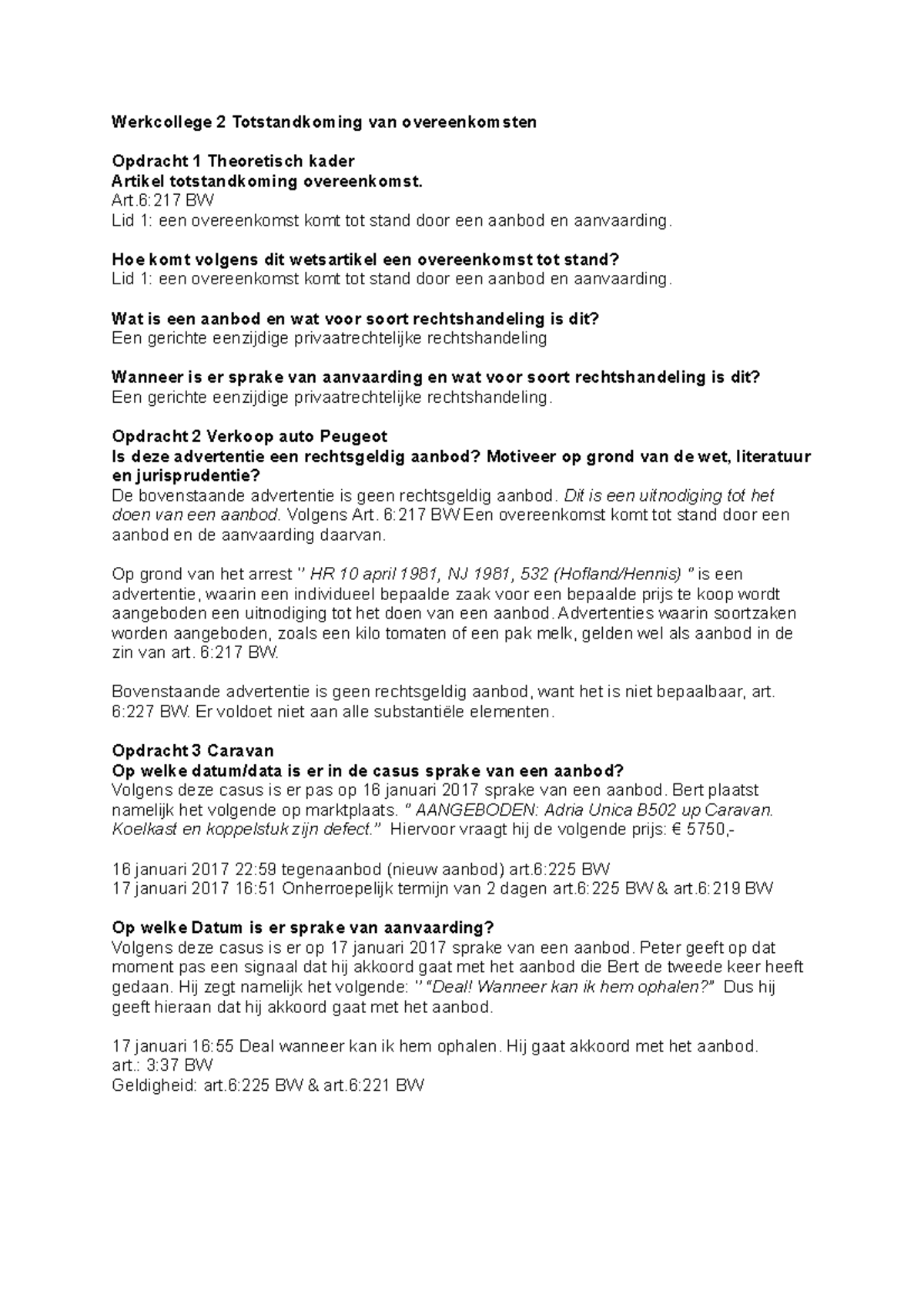 Werkcollege 2 Totstandkoming Van Overeenkomsten - Werkcollege 2 ...