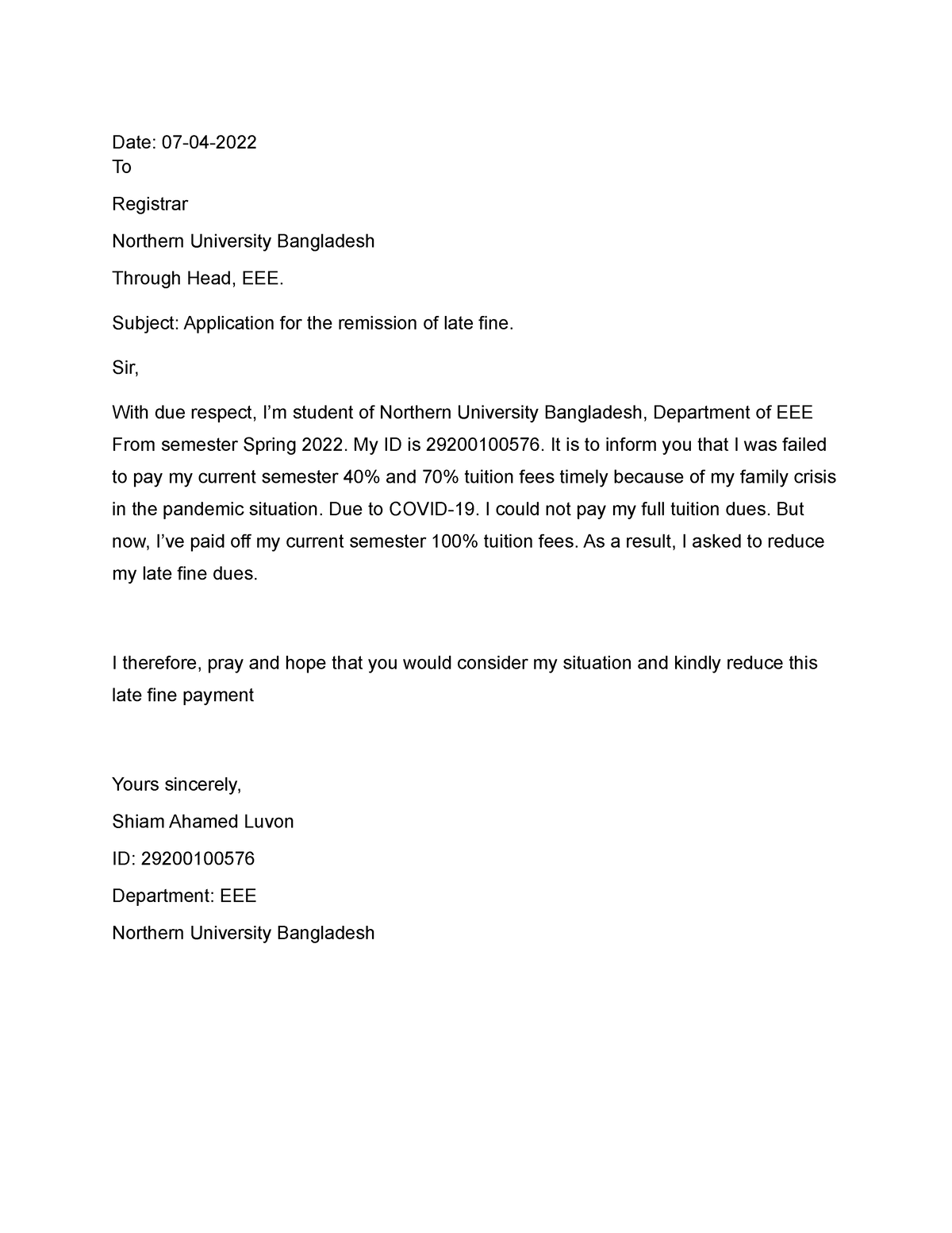 Application for Late fine - Date: 07-04- To Registrar Northern ...
