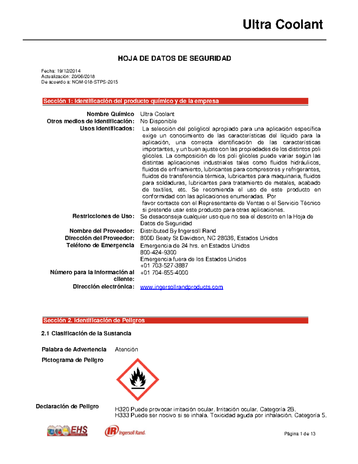 Aceite Ingersoll RAND HOJAS DE SEGUIRDAD HOJA DE DATOS DE SEGURIDAD