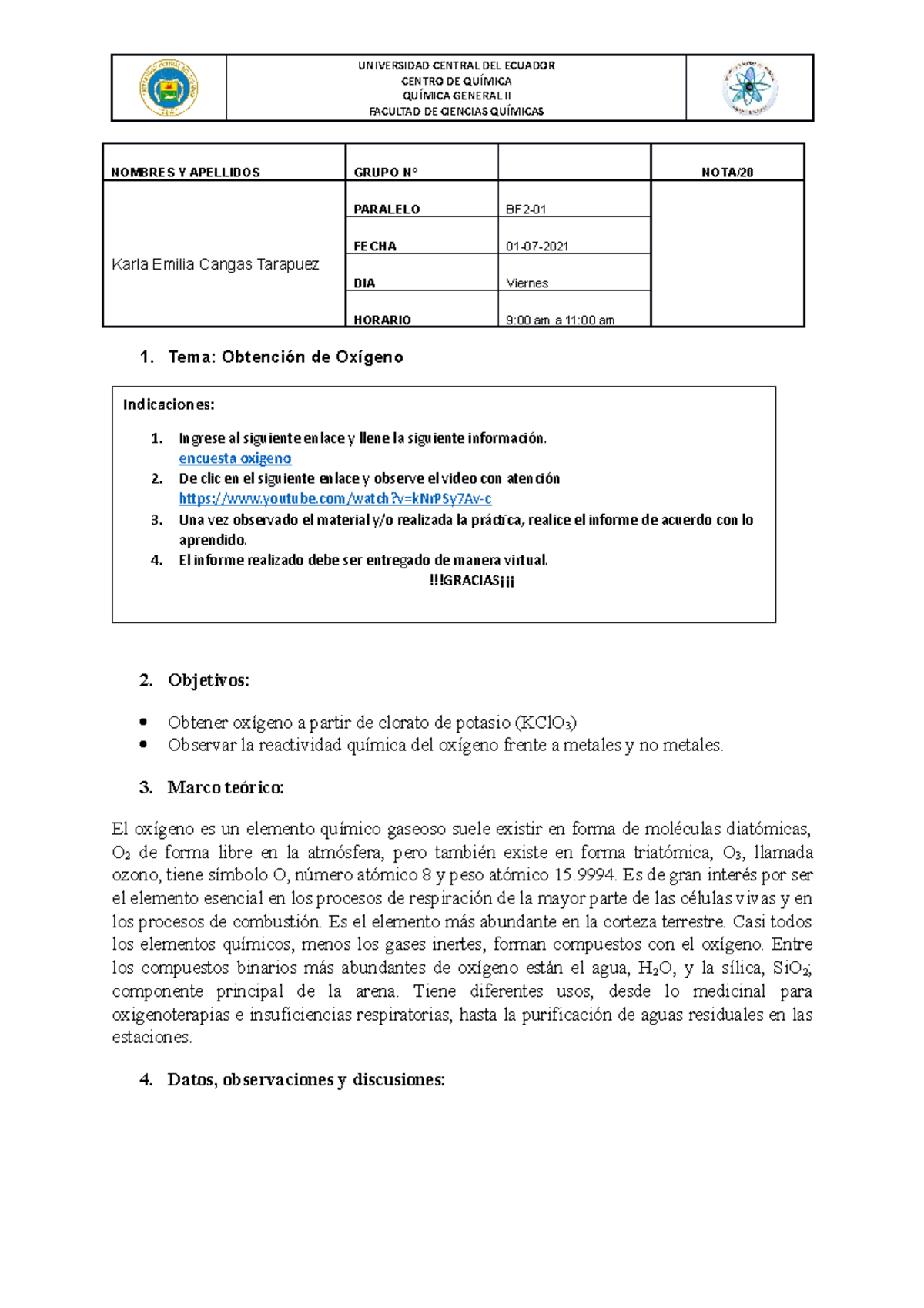 Práctica N°4 Obtención de Oxígeno - CENTRO DE QUÍMICA QUÍMICA GENERAL ...