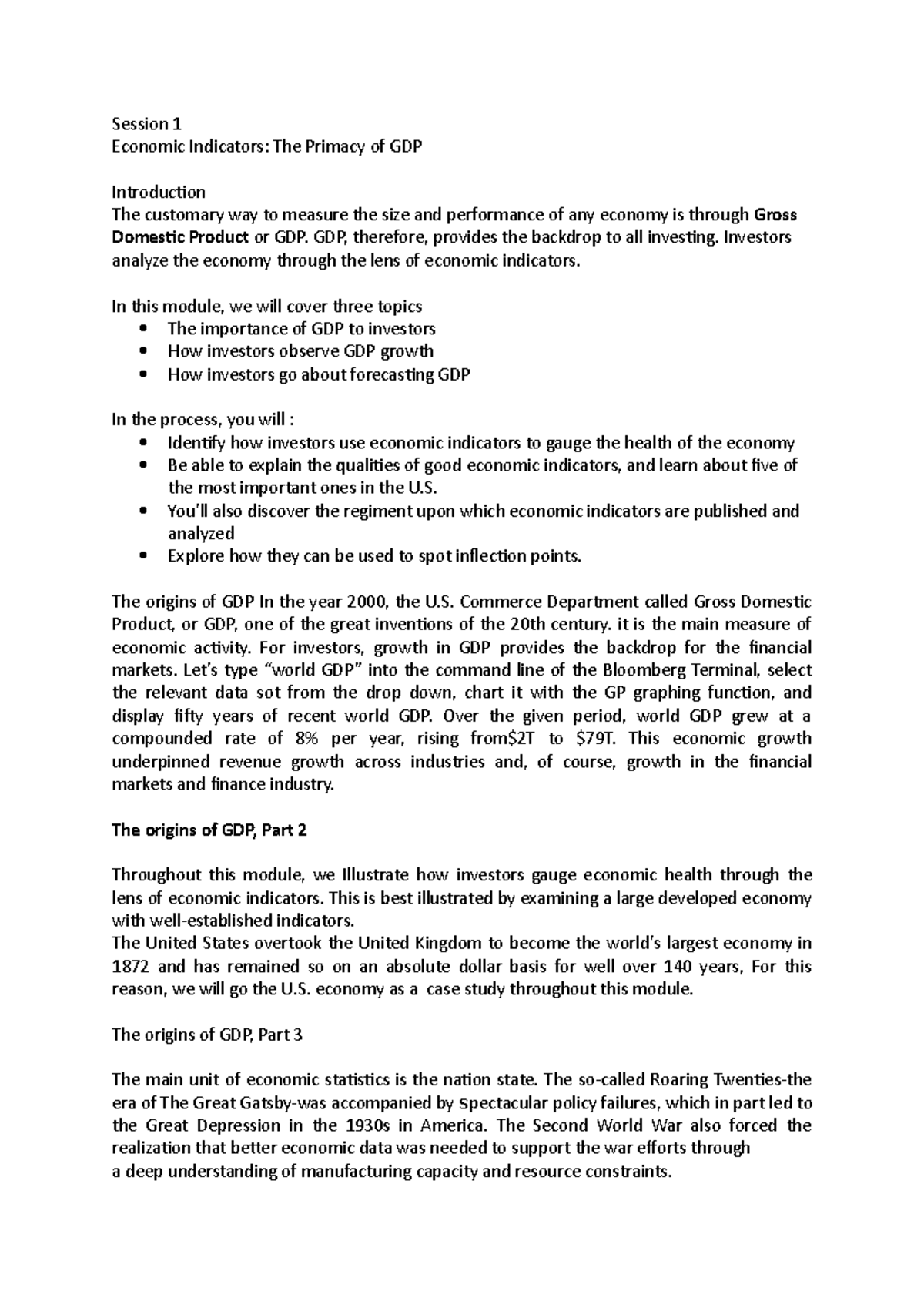 Bloomberg Transript Session 1 Economic Indicators The Primacy of GDP
