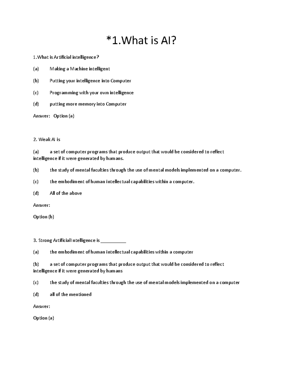 ARTIFICIAL INTELLIGENCE Gtu mcq *1 is AI? 1 is Artificial