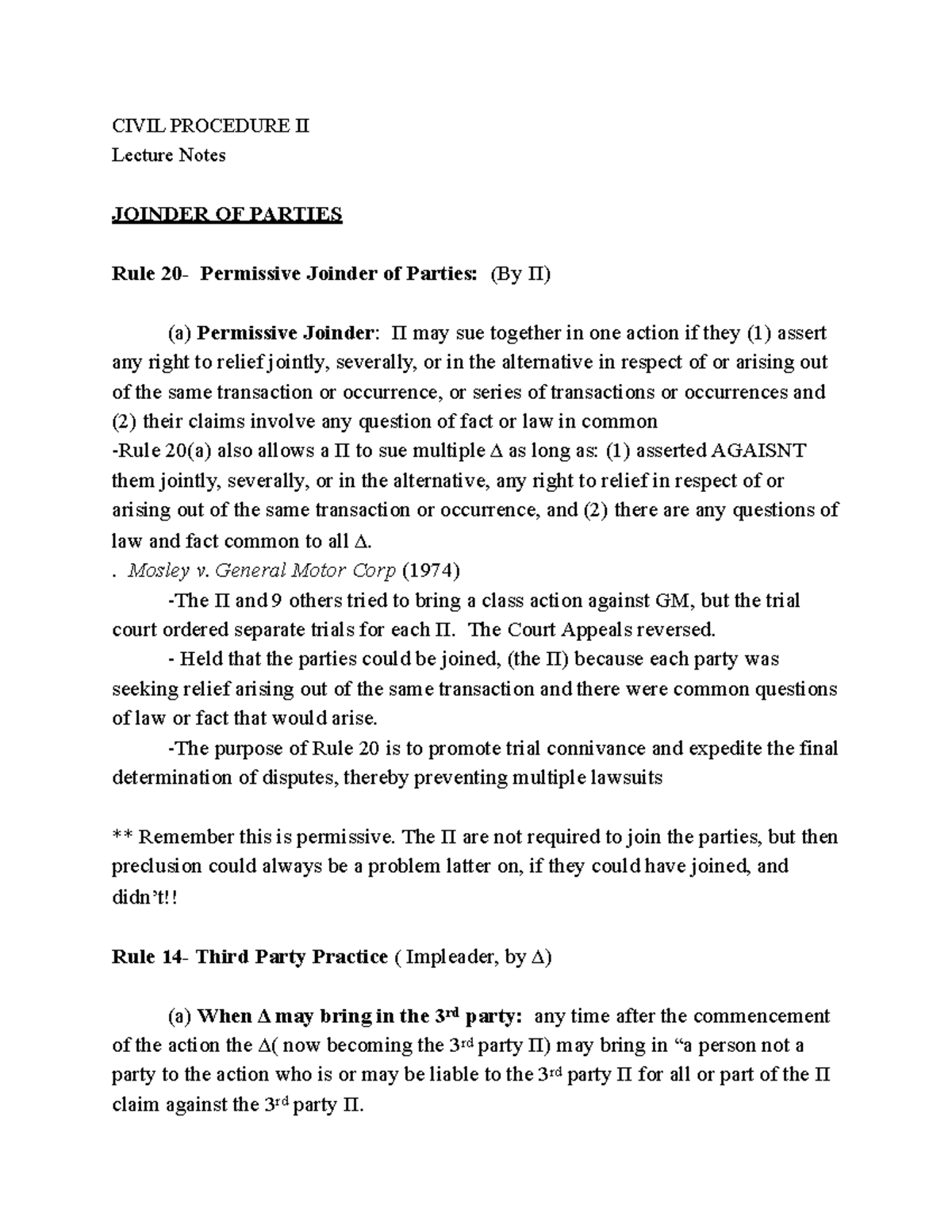 Joinder OF Parties Lecture notes 8 CIVIL PROCEDURE II Lecture Notes