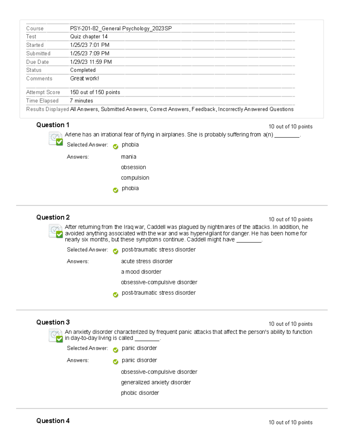 Psy chapter 14 quiz - Christa Guicherit - Course PSY-201-82_General ...